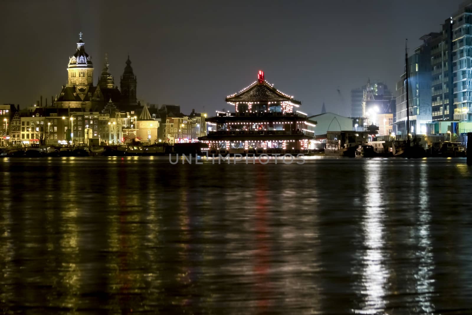 Night shot of Saint Nicholas Church (Sint Nicolaaskerk), Amsterdam, The Netherlands