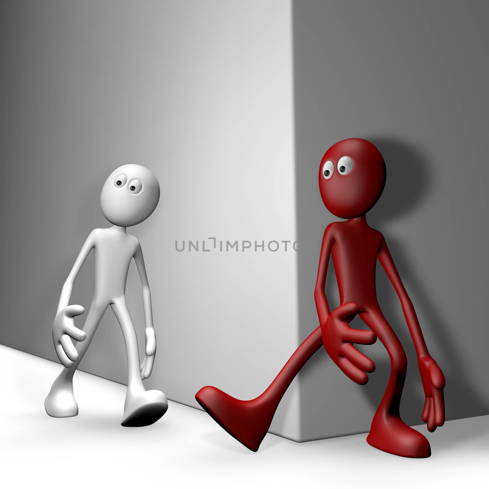 red guy tries get white guy to stumble - 3d illustration