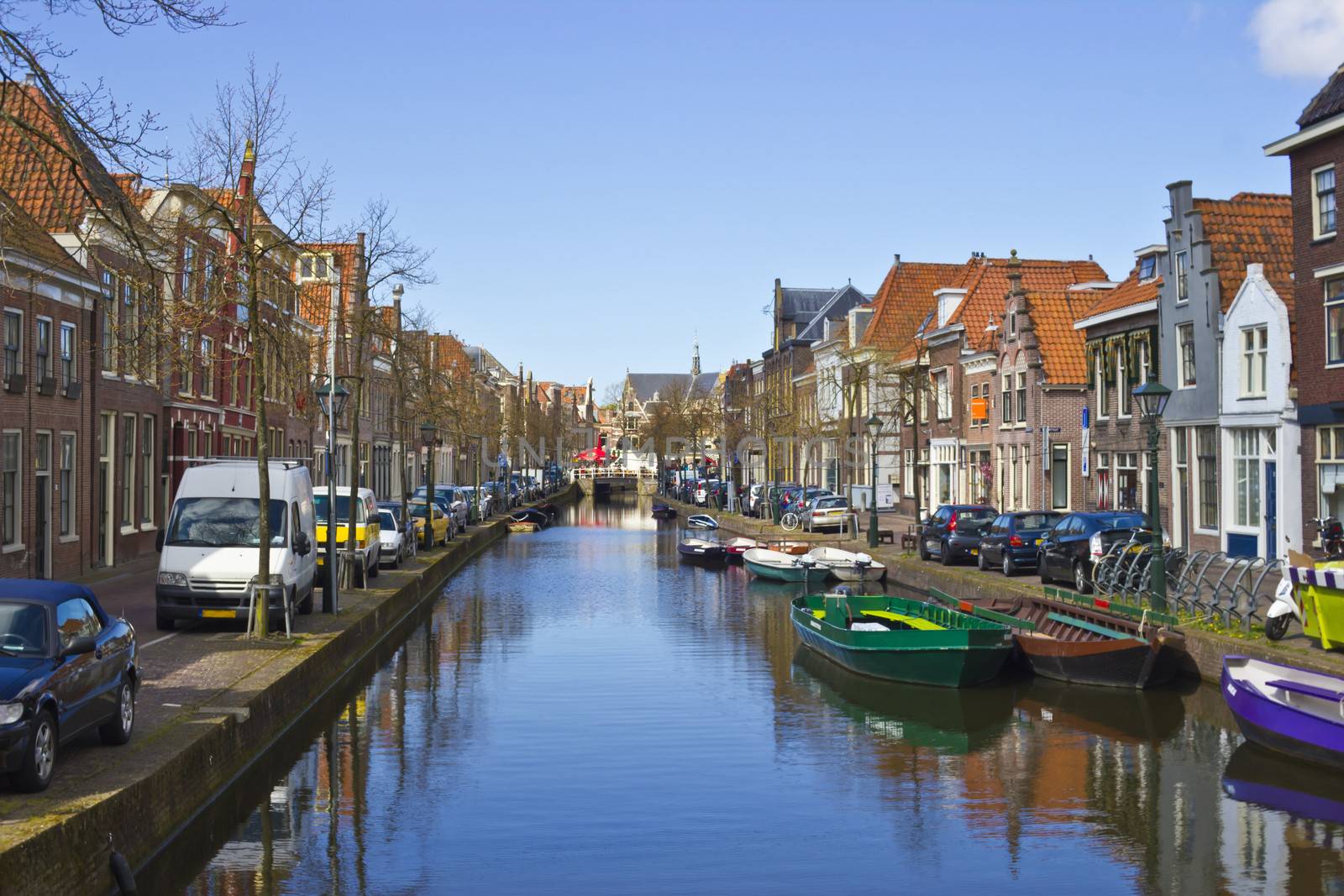 Traditional dutch houses on the canal in Alkmaar town, Holland, The Netherlands