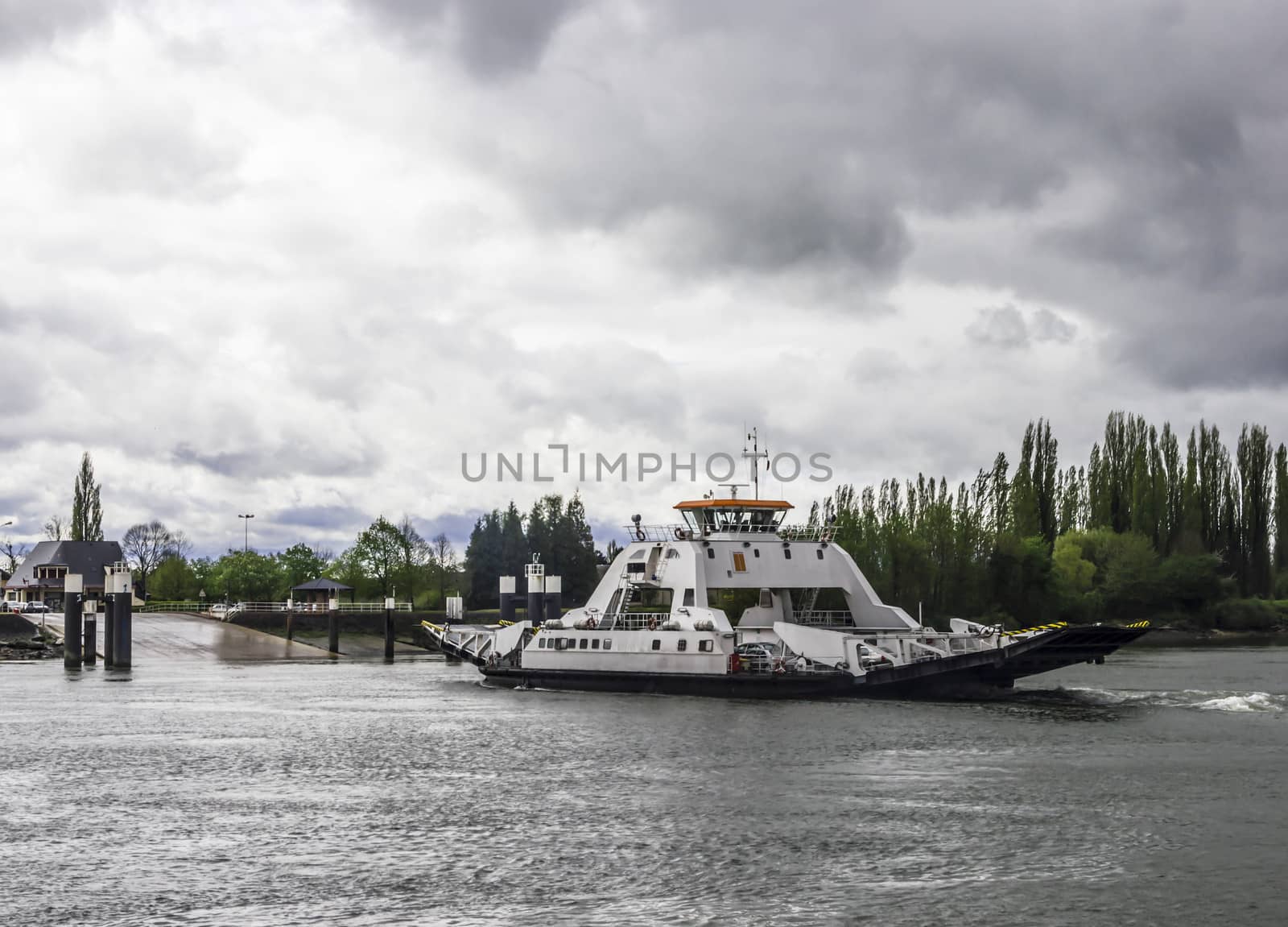 Ferry boat for vehicles transportation across the river by Tetyana