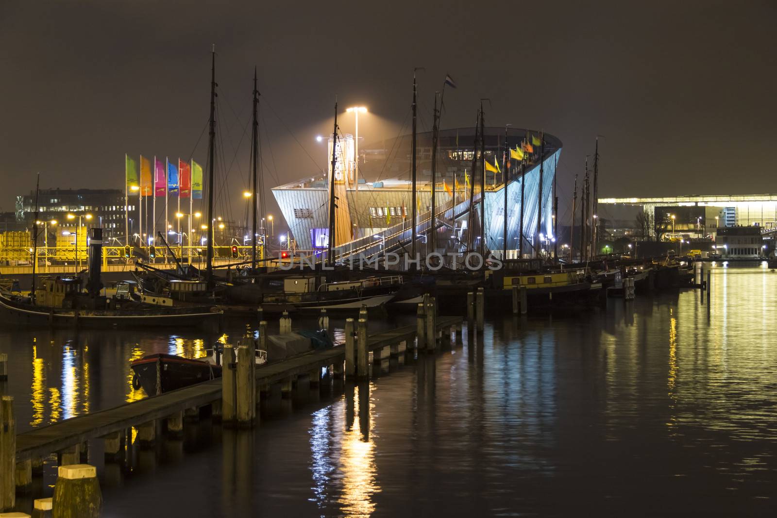 Night shot of the NEMO Exhibit(museum) in Amsterdam