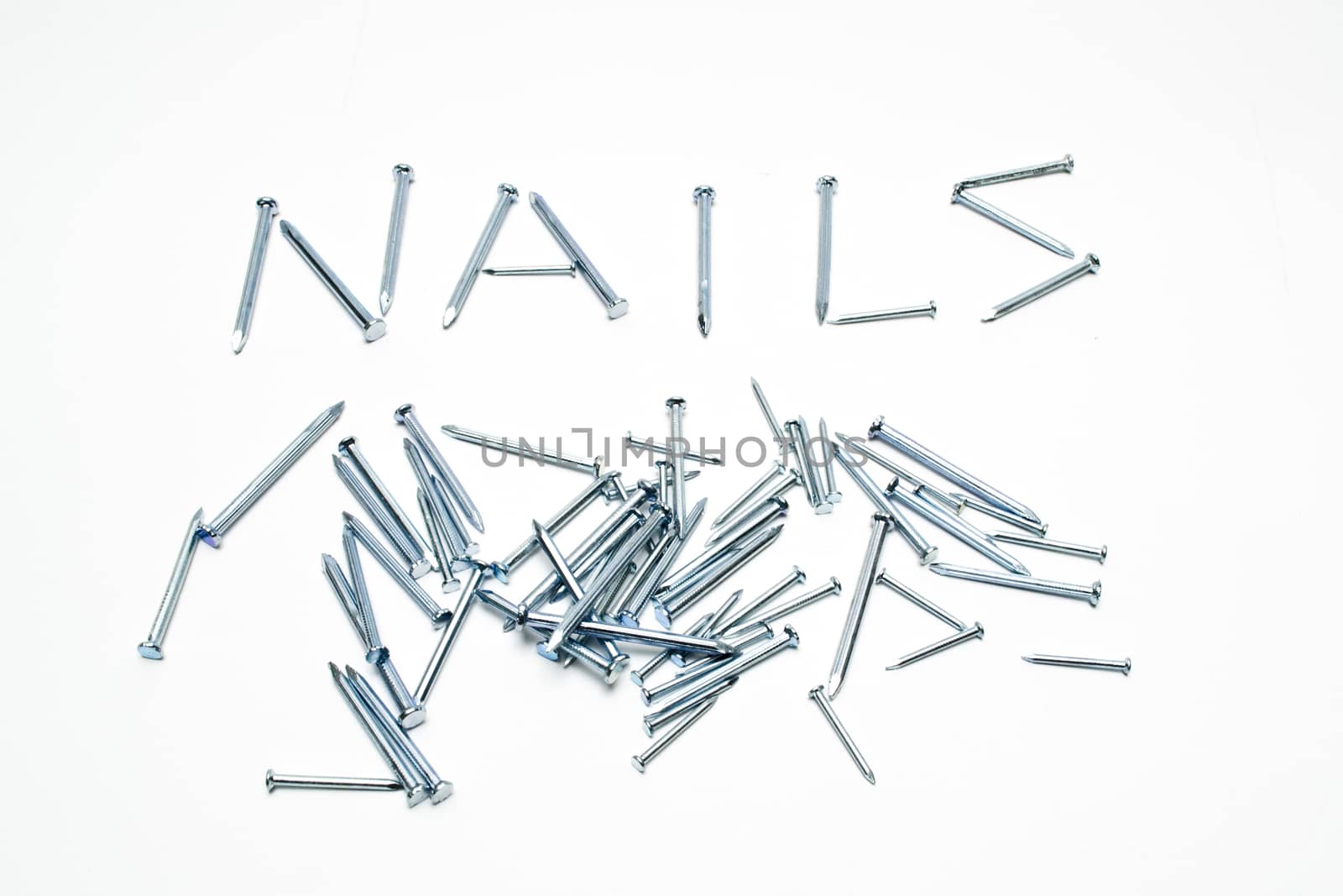 Steel nails with word on a white background