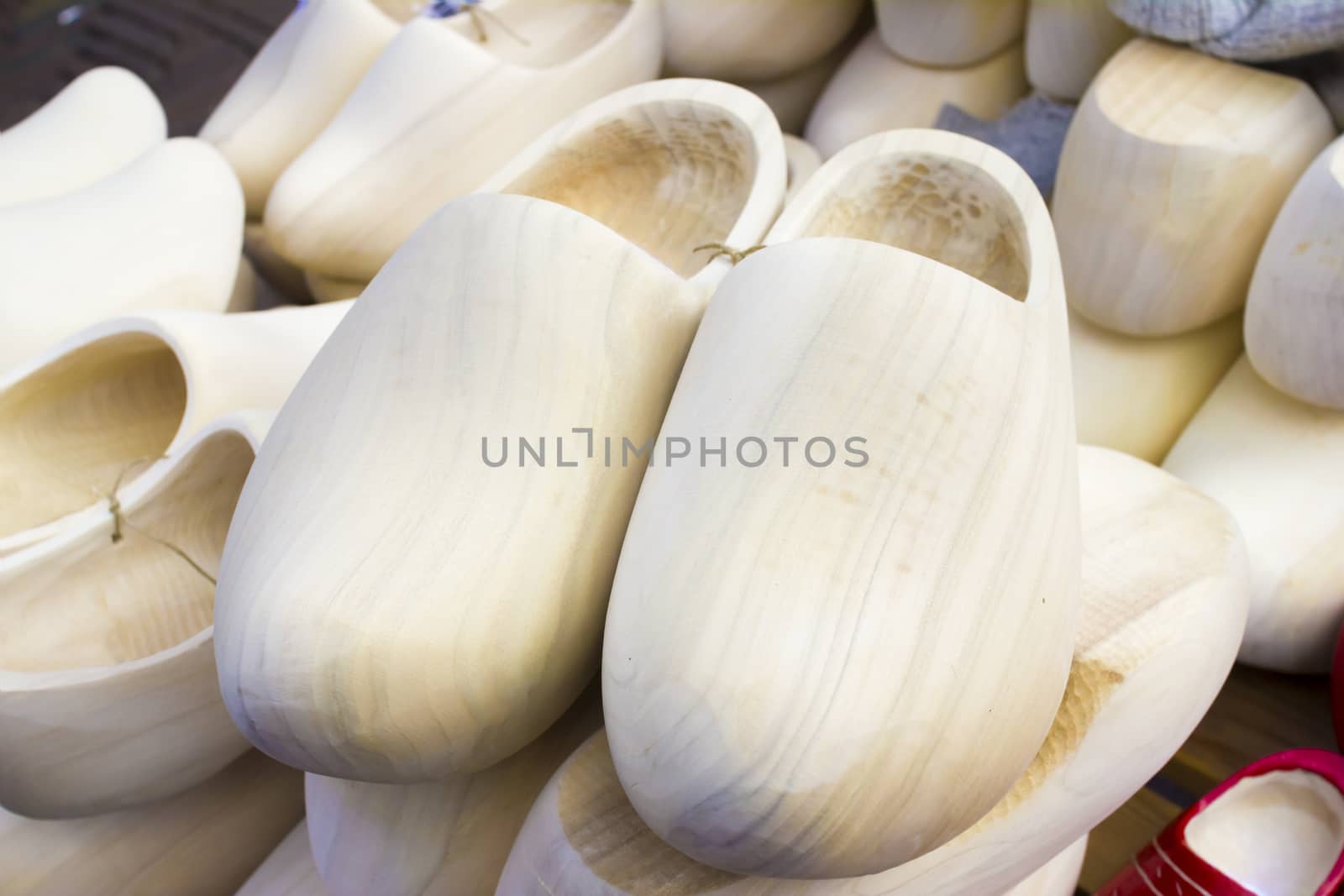 Dutch traditional wooden shoes with ornament, clogs, symbol of the Netherlands.