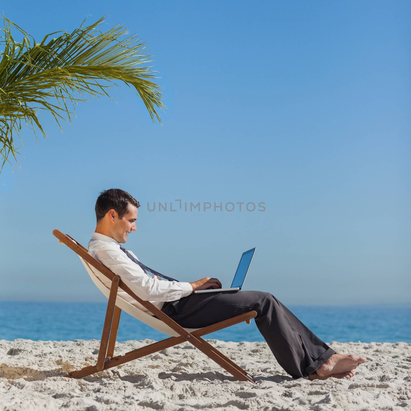 Young businessman on his beach chair using his laptop by Wavebreakmedia