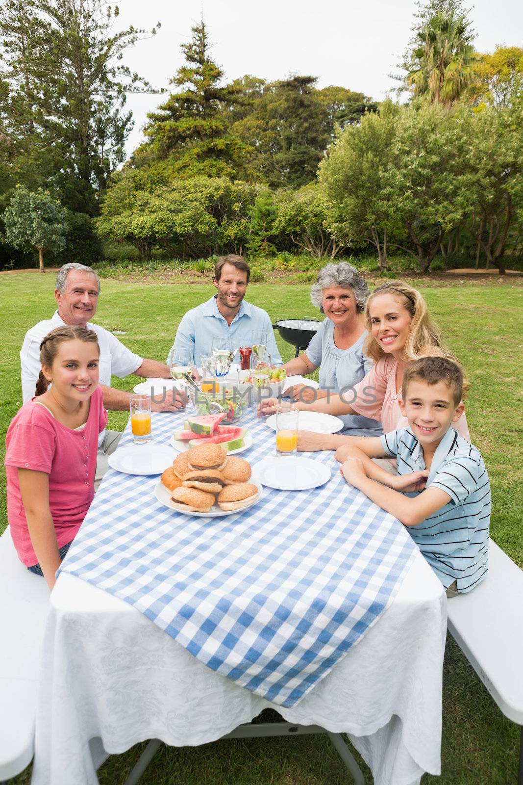 Happy extended family having dinner outdoors at picnic table by Wavebreakmedia