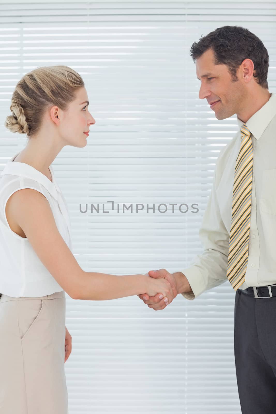 Businessman shaking hands with his attractive colleague in bright office