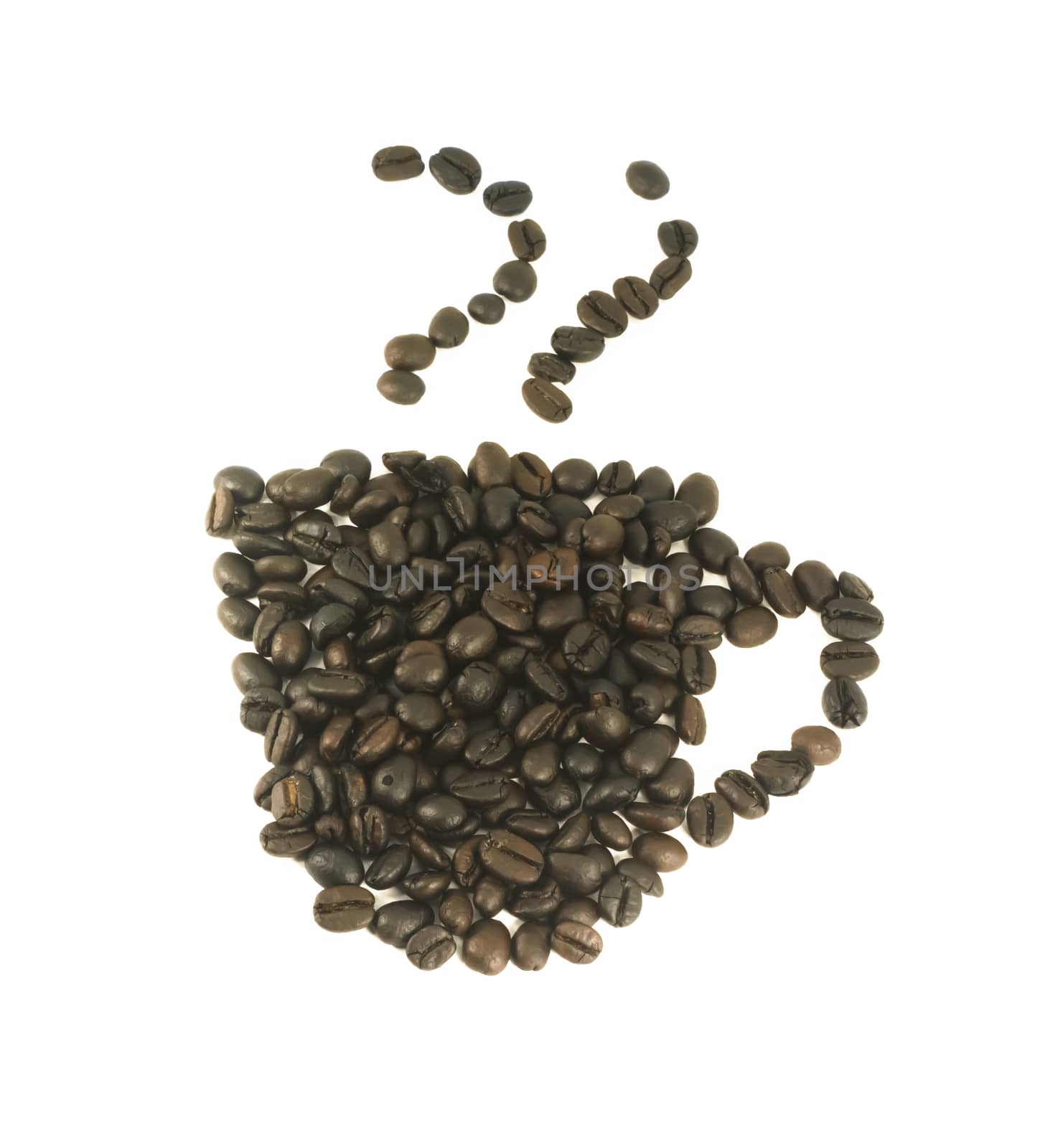 A cup of coffee made from beans isolated on white background