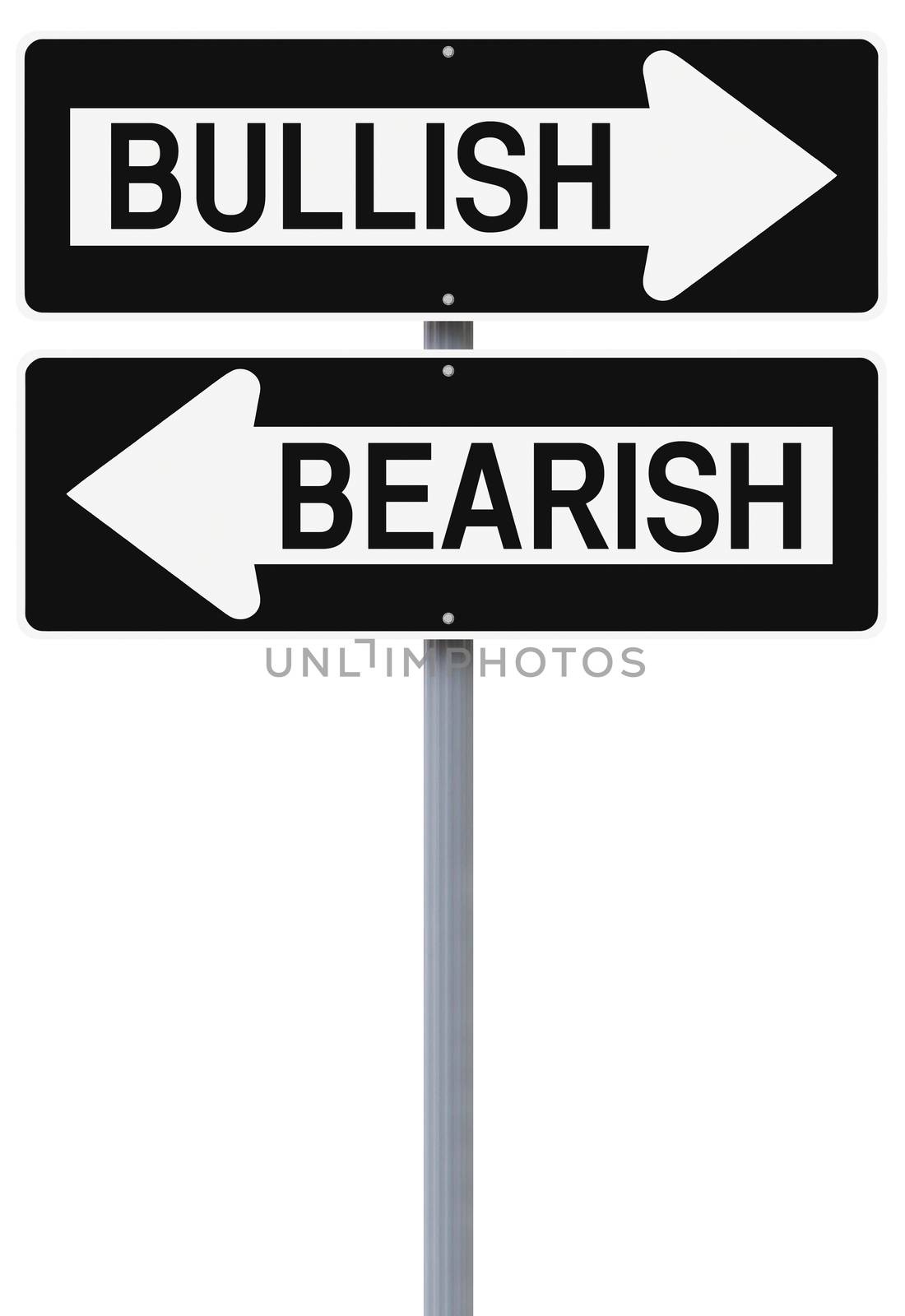 Conceptual one way street signs on bullish or bearish markets