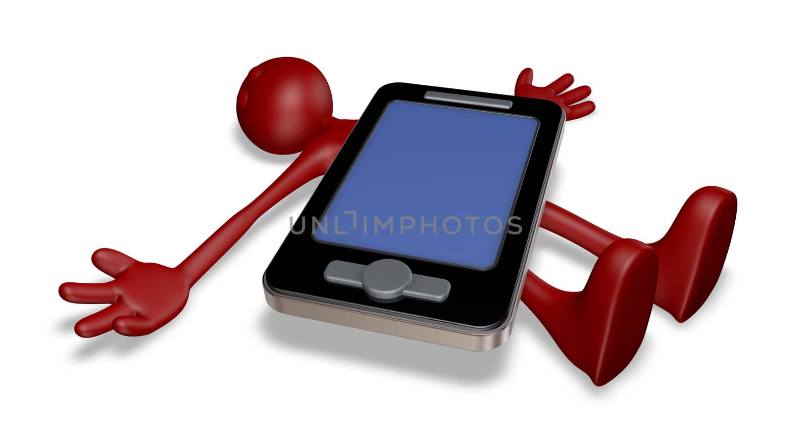 dead red guy under smartphone - 3d illustration