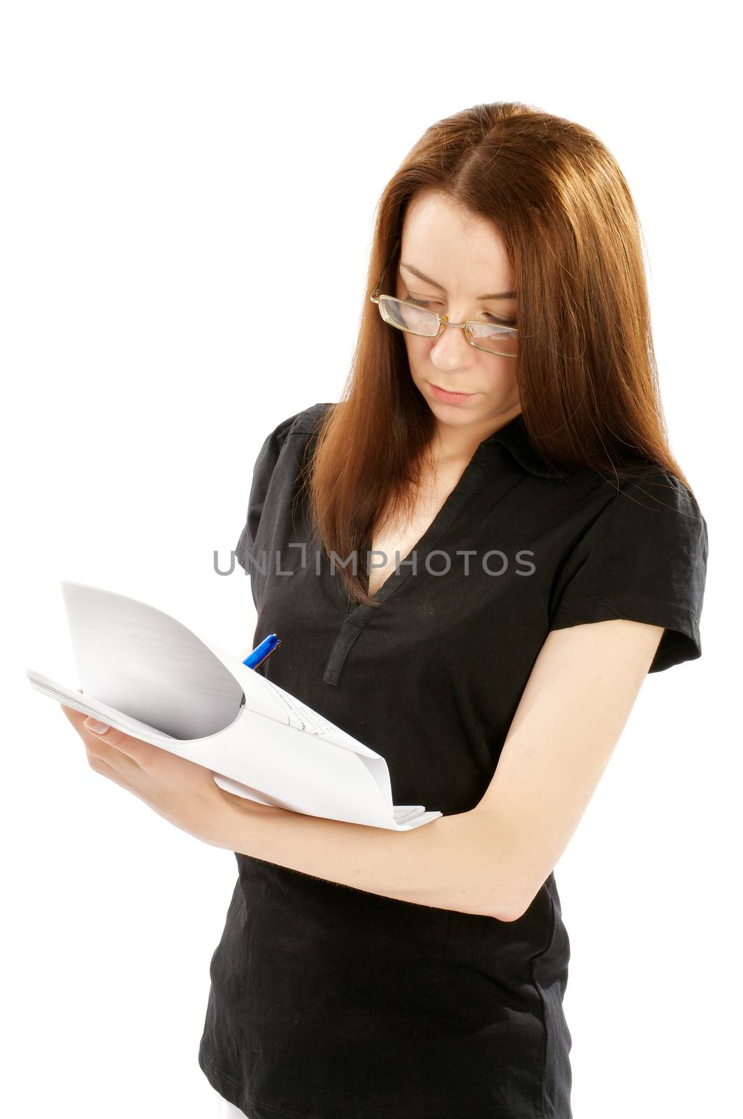 Young Attractive Business Woman in Glasses Reading Report with Pen on white background