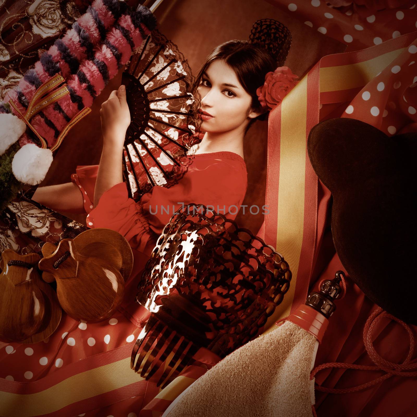 Flamenco woman with bullfighter and typical Spain Espana elements like castanets fan and comb