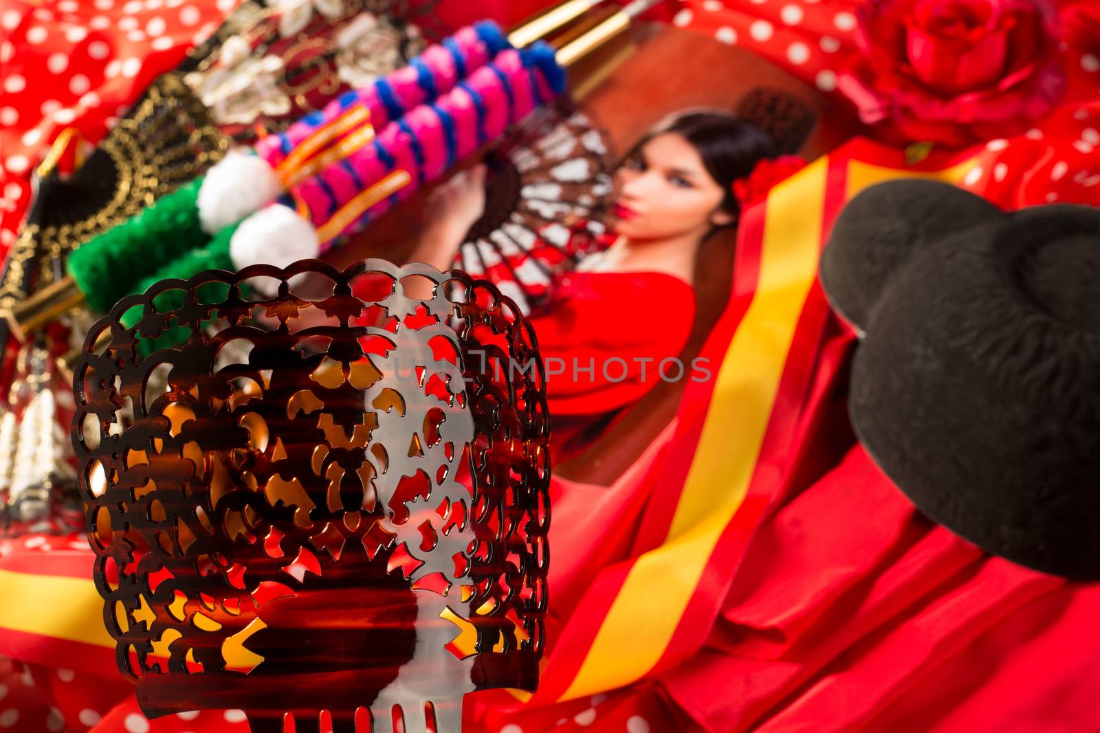 Flamenco woman with bullfighter and typical Spain Espana elements like castanets fan and comb