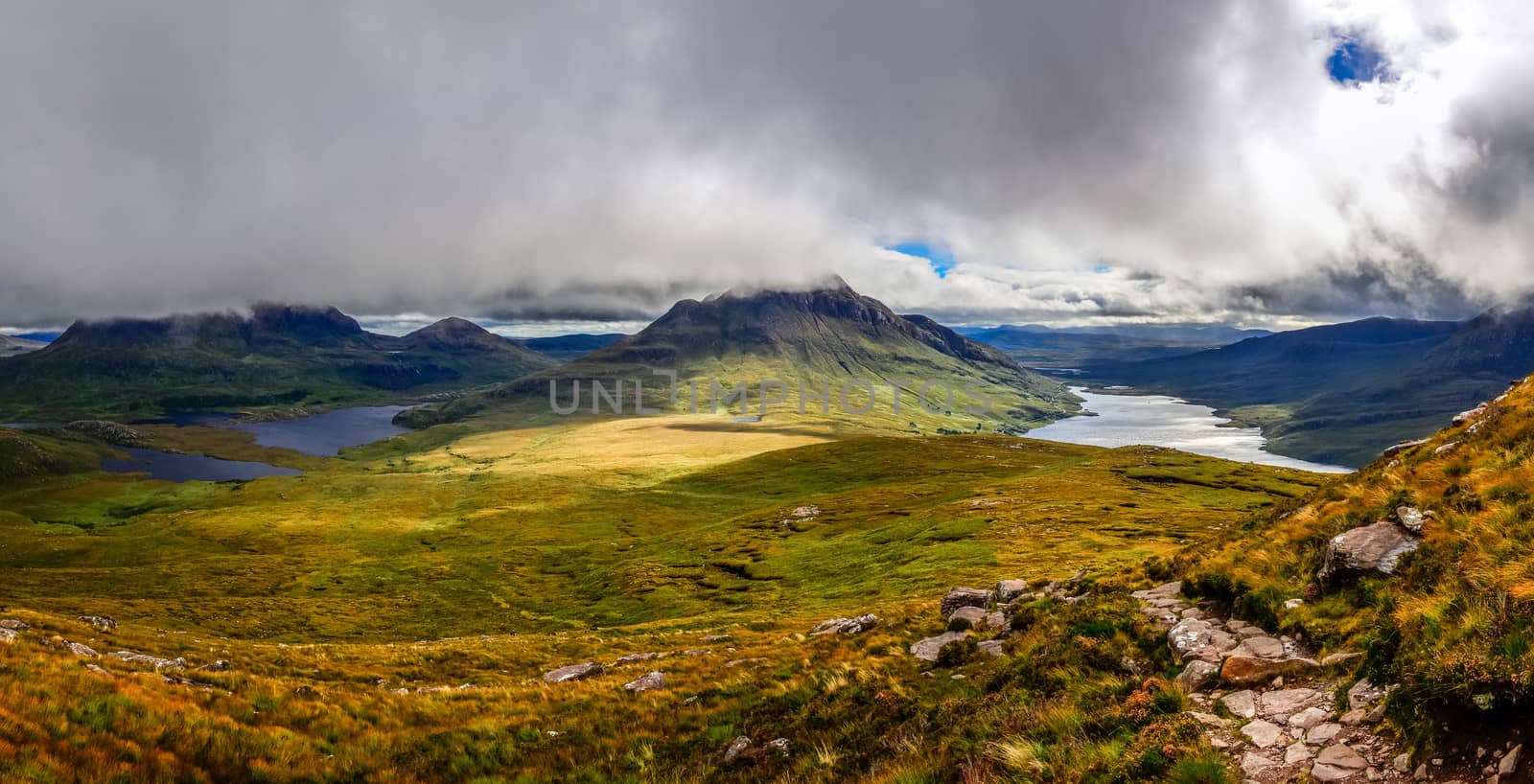 Panoramic view of beautiful lakes and clouds in Inverpolly area, Scotland, United Kingdom