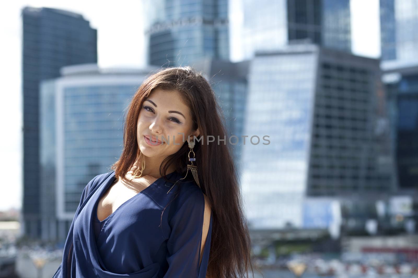 Beautiful young woman in Moscow City