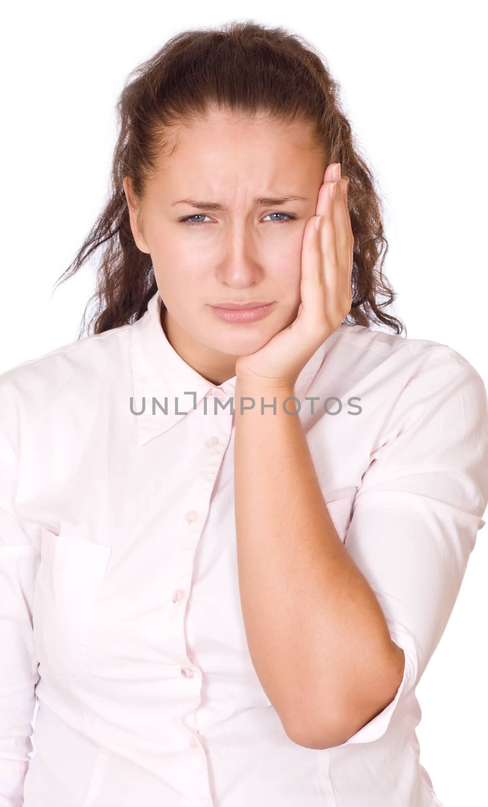 Portrait of beautiful woman, she has toothache