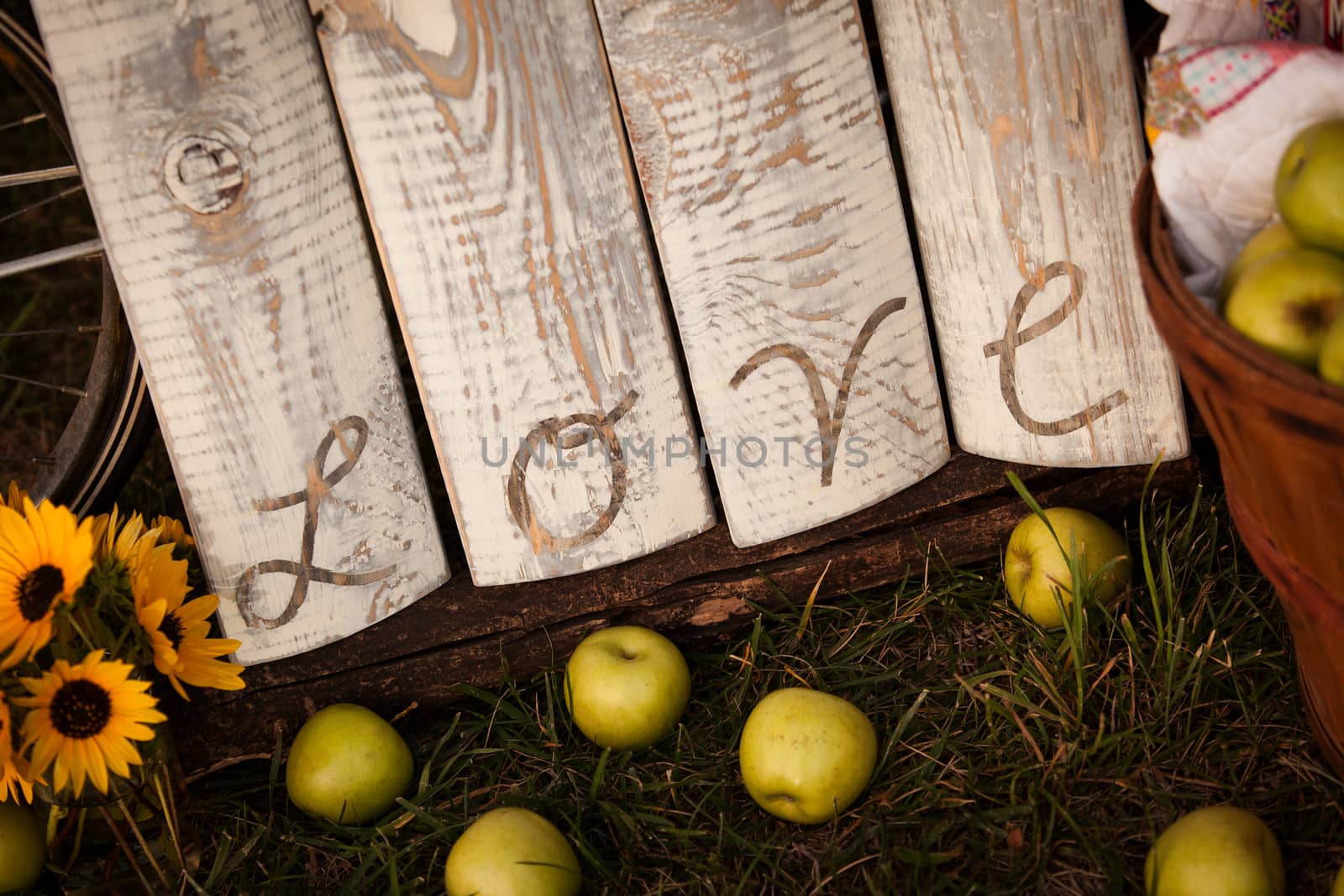 Rustic old wooden sign with the word "love" written on old wood. Apples and daffodils in foreground.