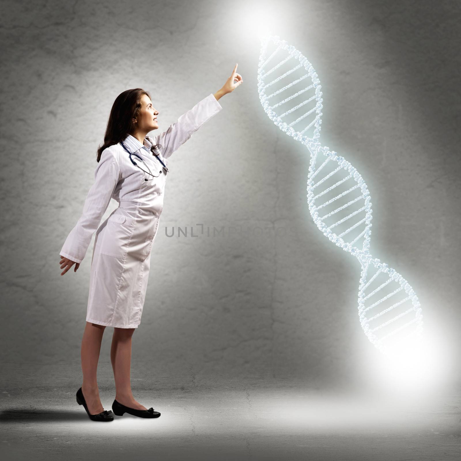 young woman doctor finger glowing DNA symbol, smiling and looking ahead