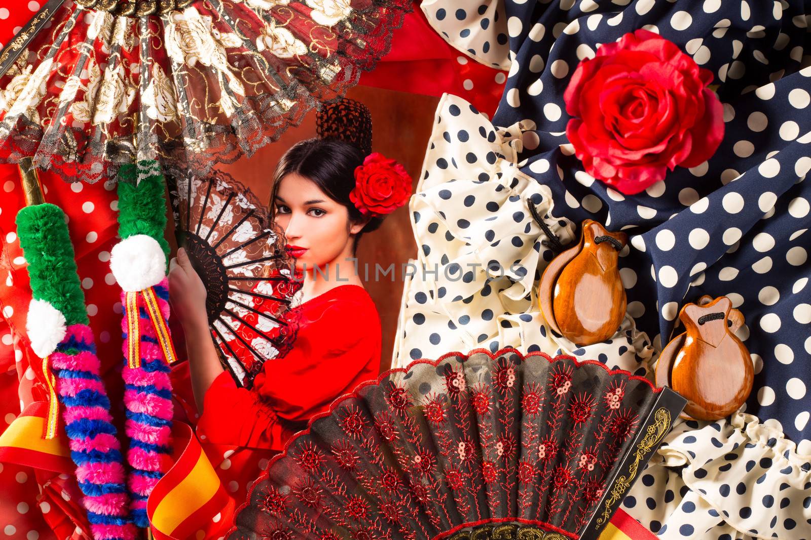 Flamenco woman with bullfighter and typical Spain Espana elements like castanets fan and comb