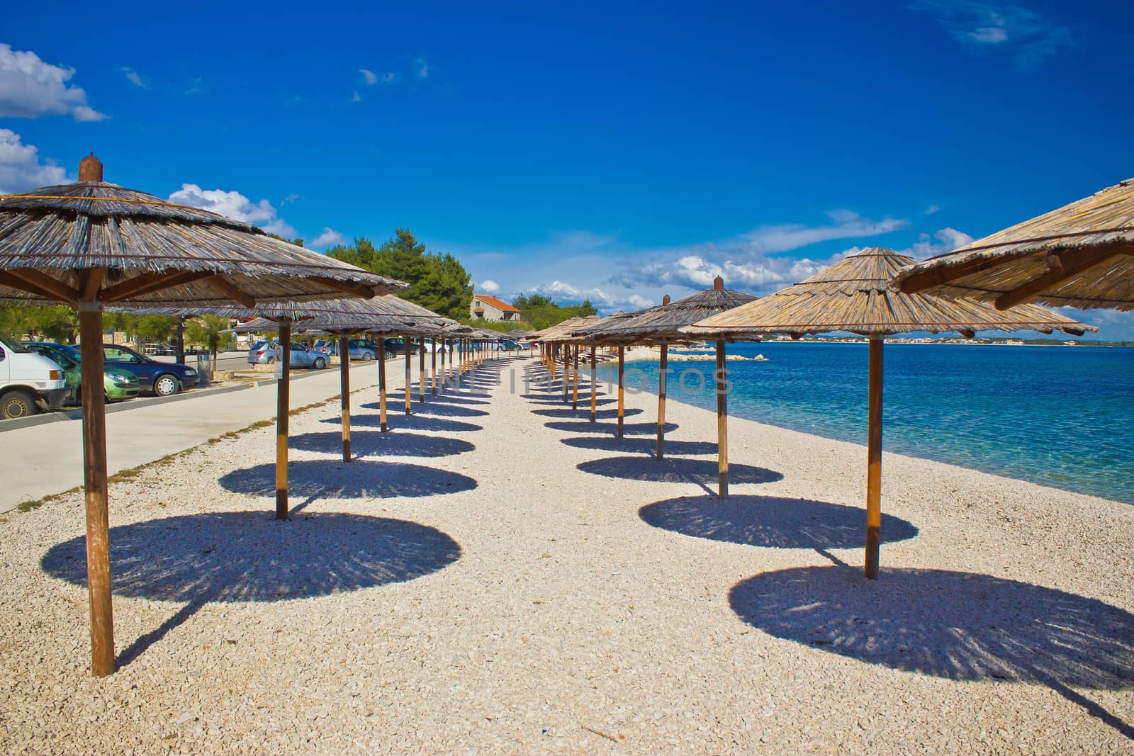 Island of Vir beach umbrellas, Dalmatia, croatia