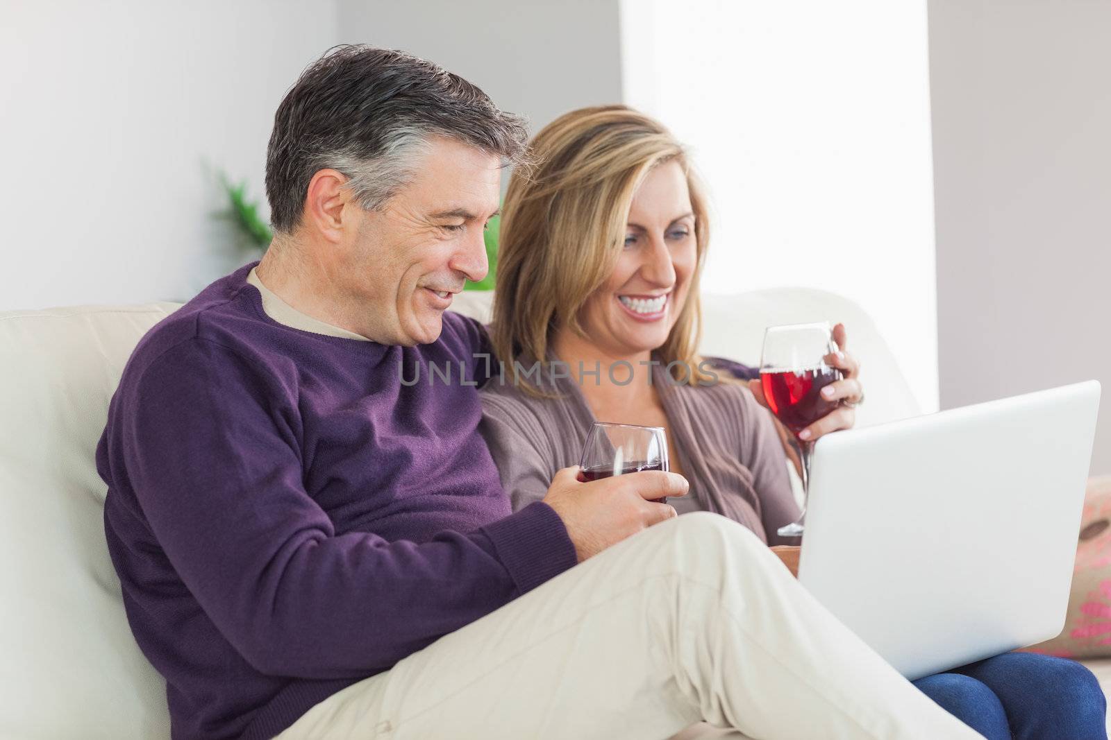 Happy mature couple sitting on a sofa watching their laptop and drinking red wine
