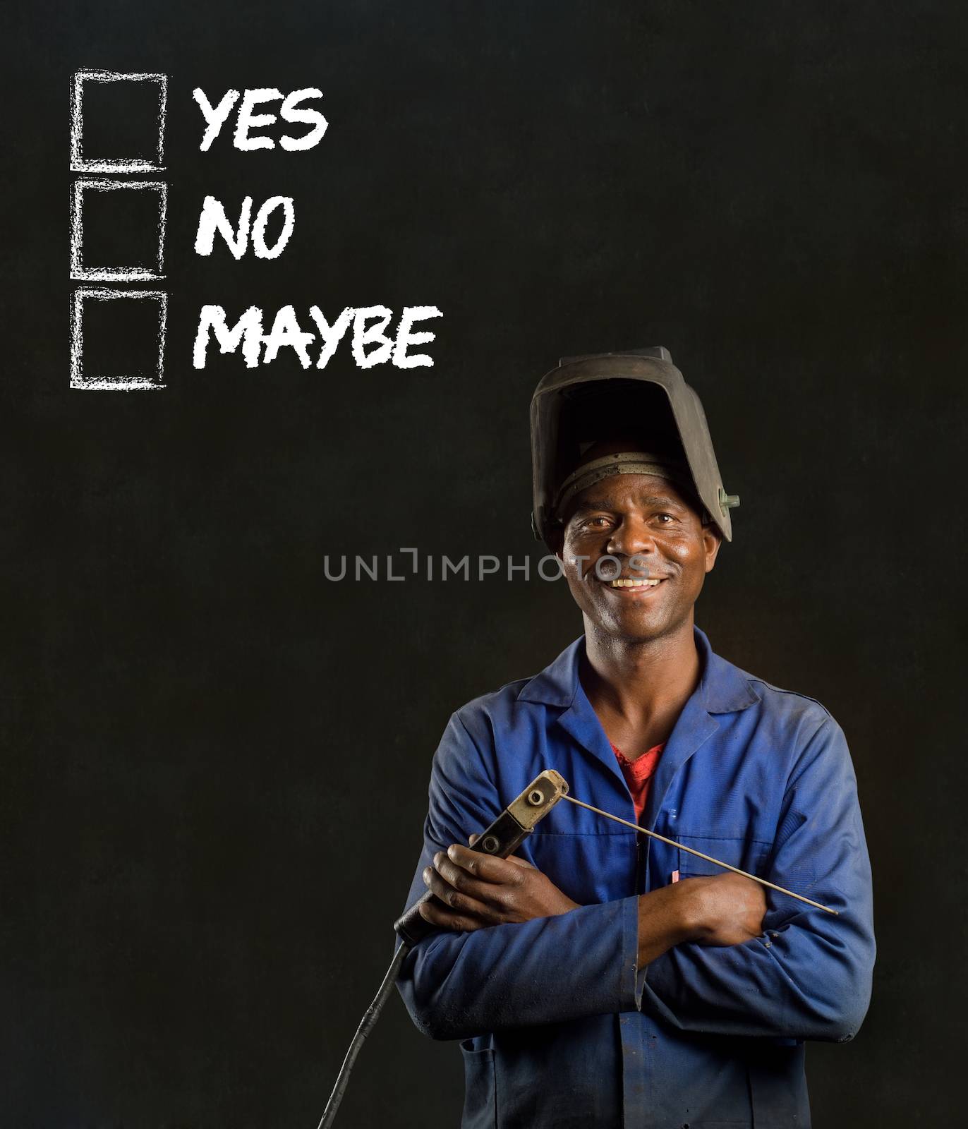 African black man industrial worker with checklist on blackboard by alistaircotton