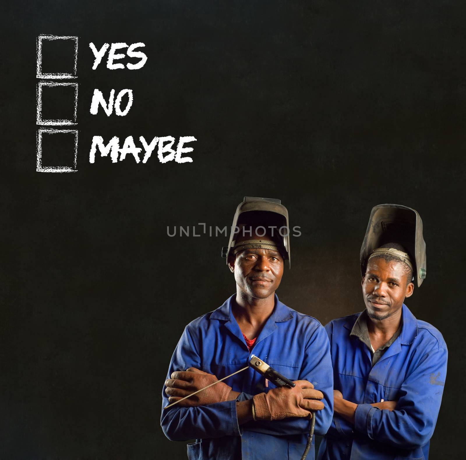 African black men industrial workers with chalk checklist on blackboard background