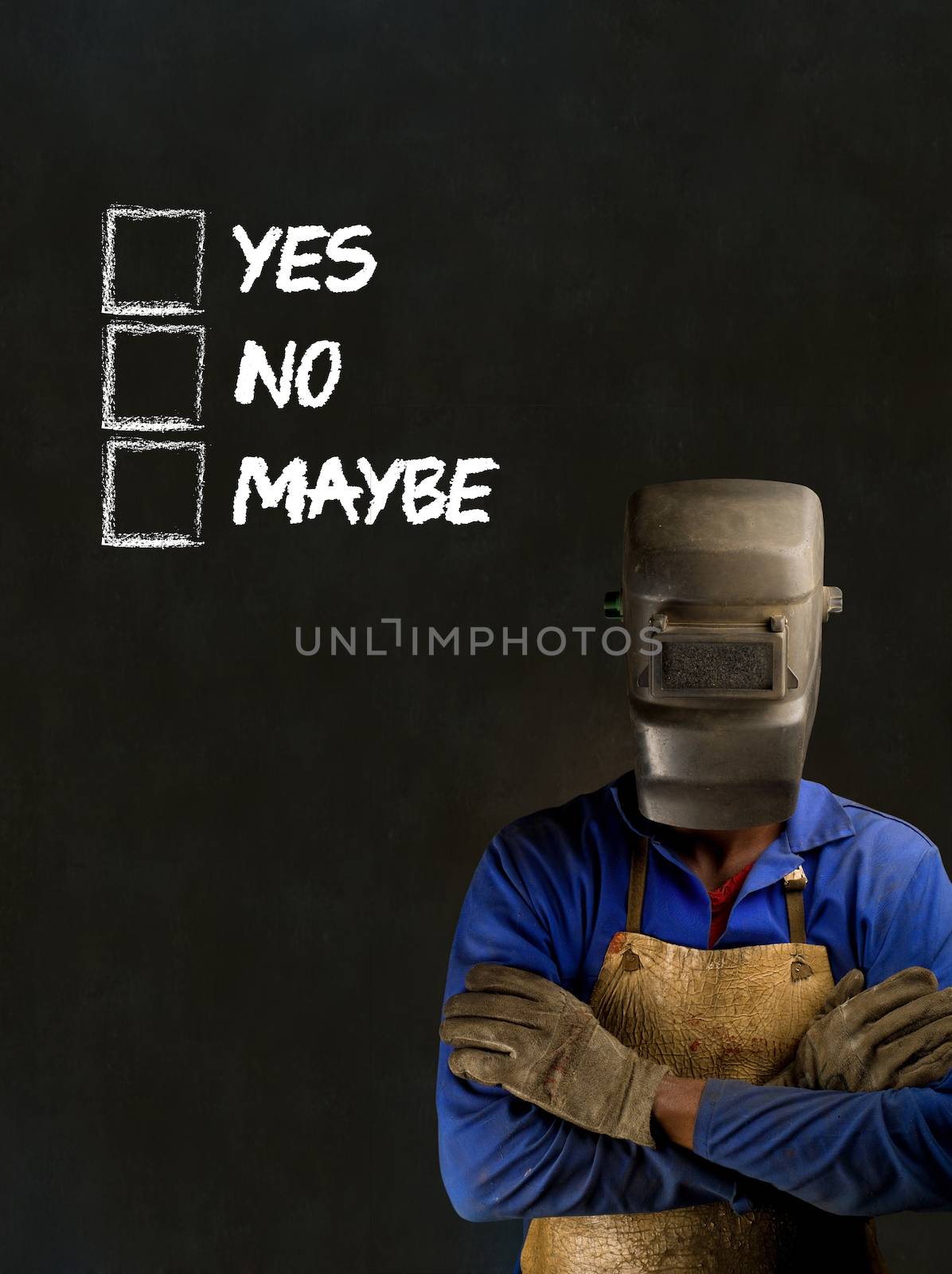 African black man industrial worker with chalk checklist on blackboard background