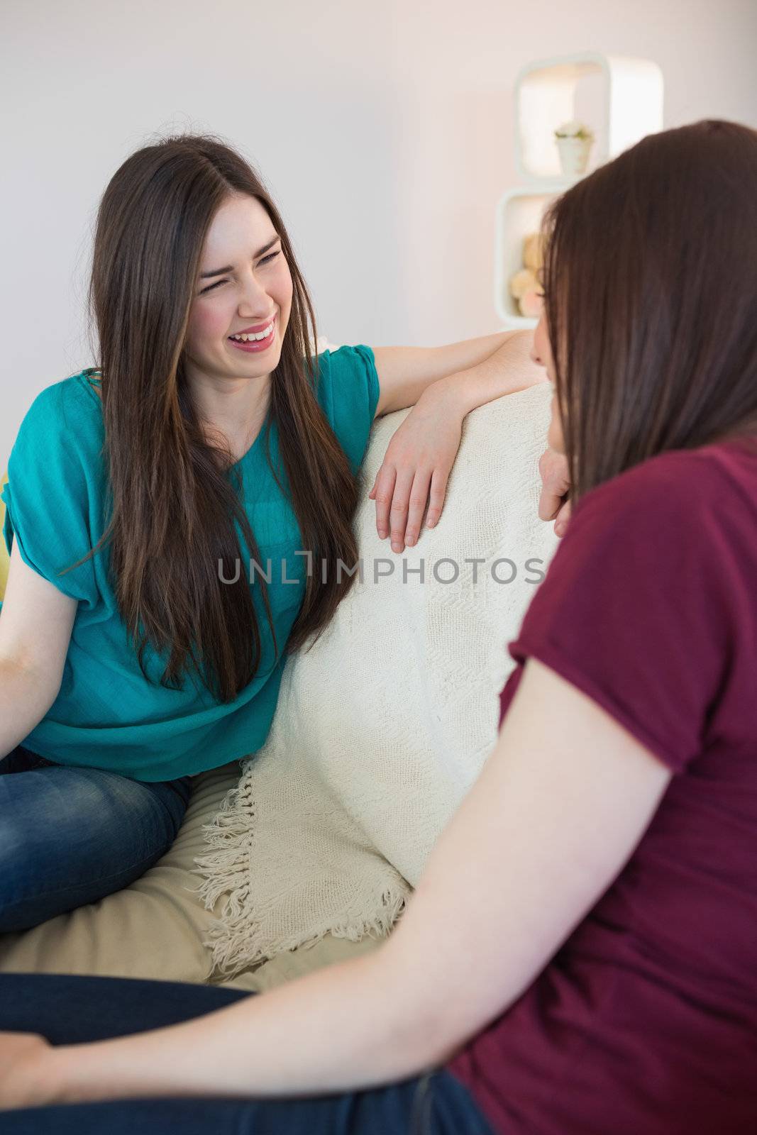 Two pretty friends chatting on the sofa at home in living room