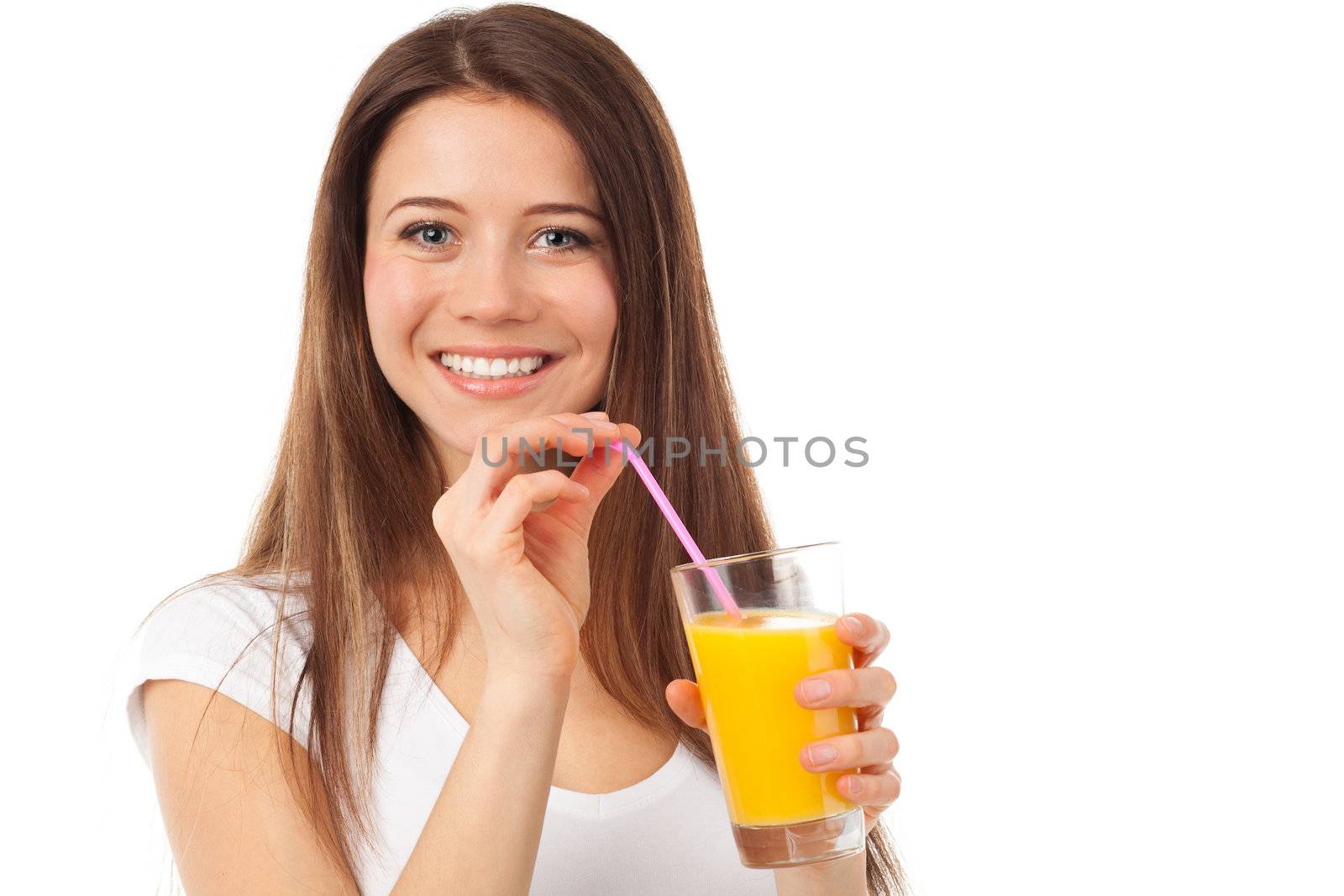 Portrait of a woman with a glass of orange juice, isolated on white
