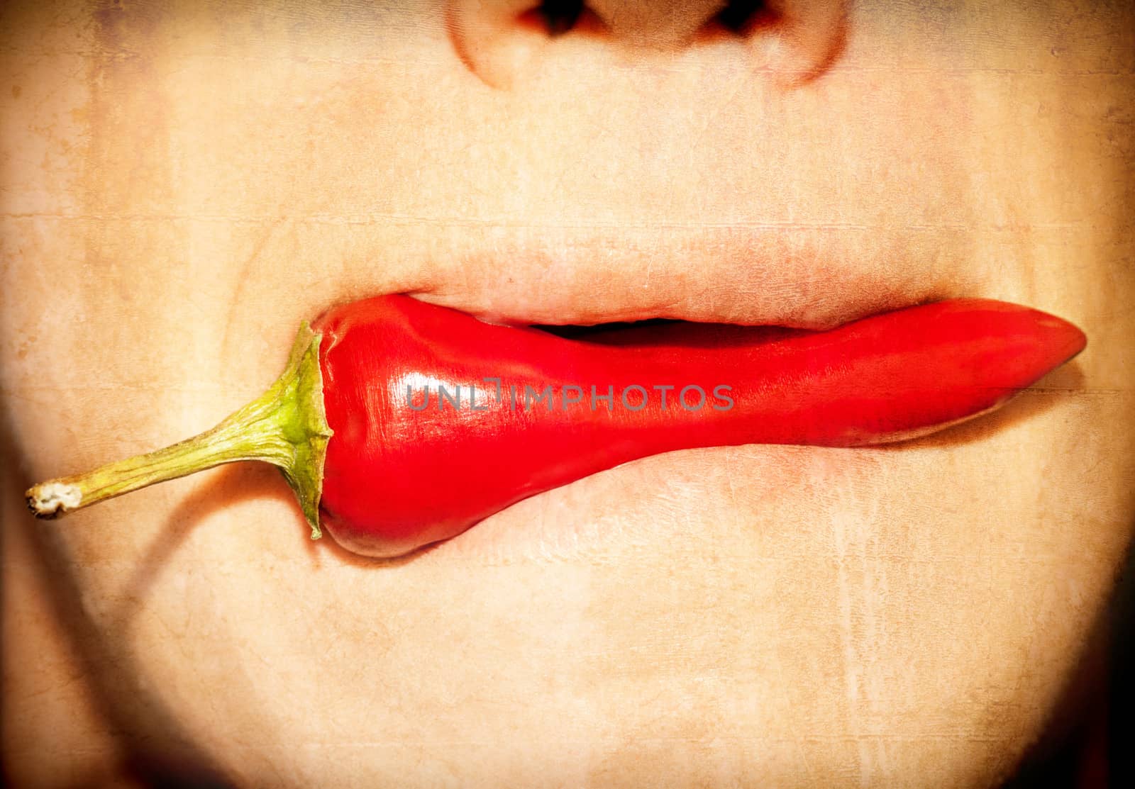 people with chile peppers in the mouth, artwork in painting style