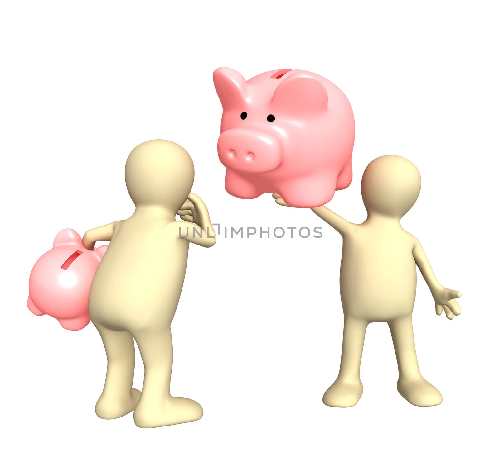 Two puppet with piggy bank. Isolated over white