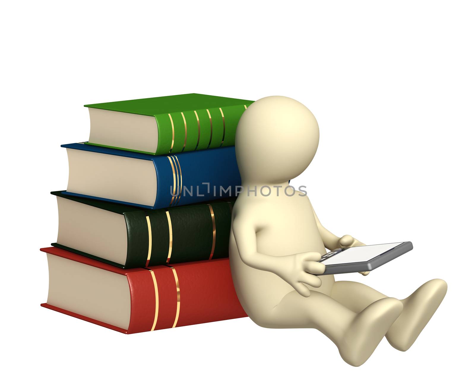 Puppet with e-book and books. Isolated over white