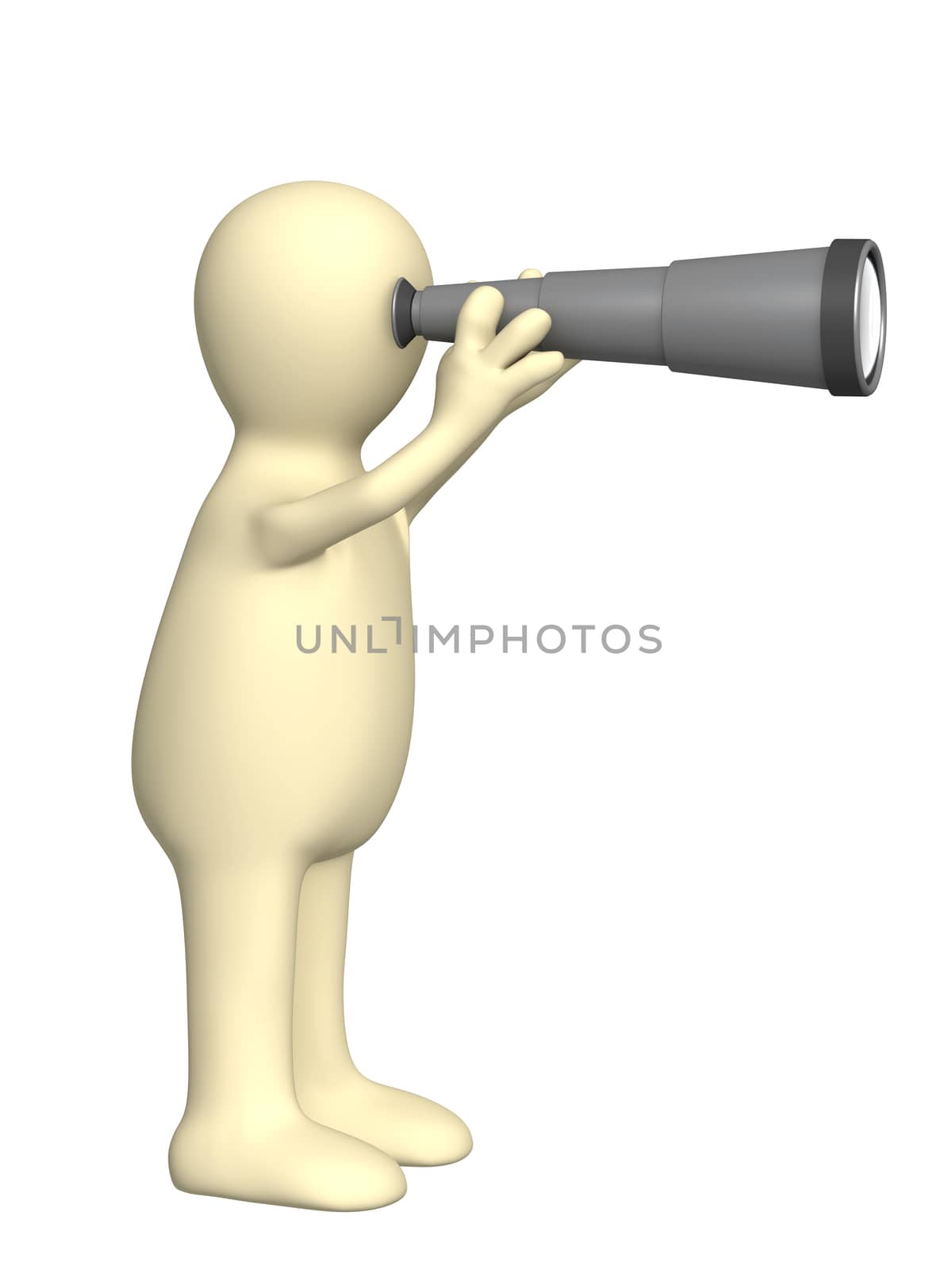 3d puppet looking through spyglass. Isolated over white