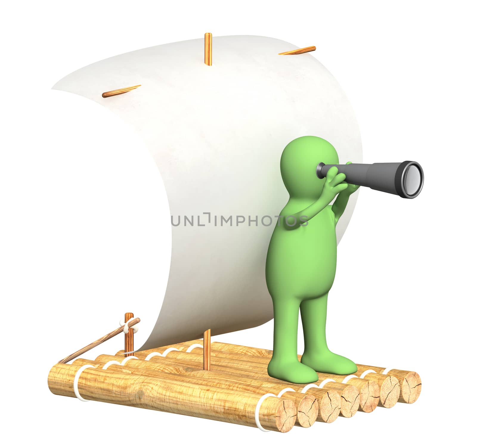 Puppet with spyglass on wooden raft. Isolated over white