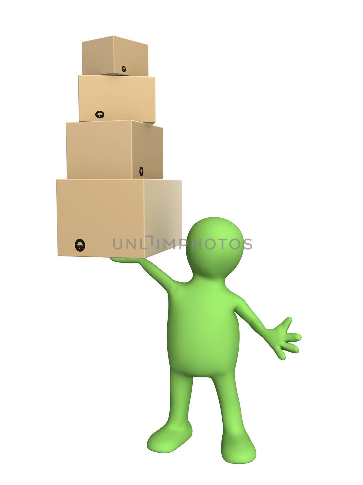 Puppet with boxes. Isolated over white