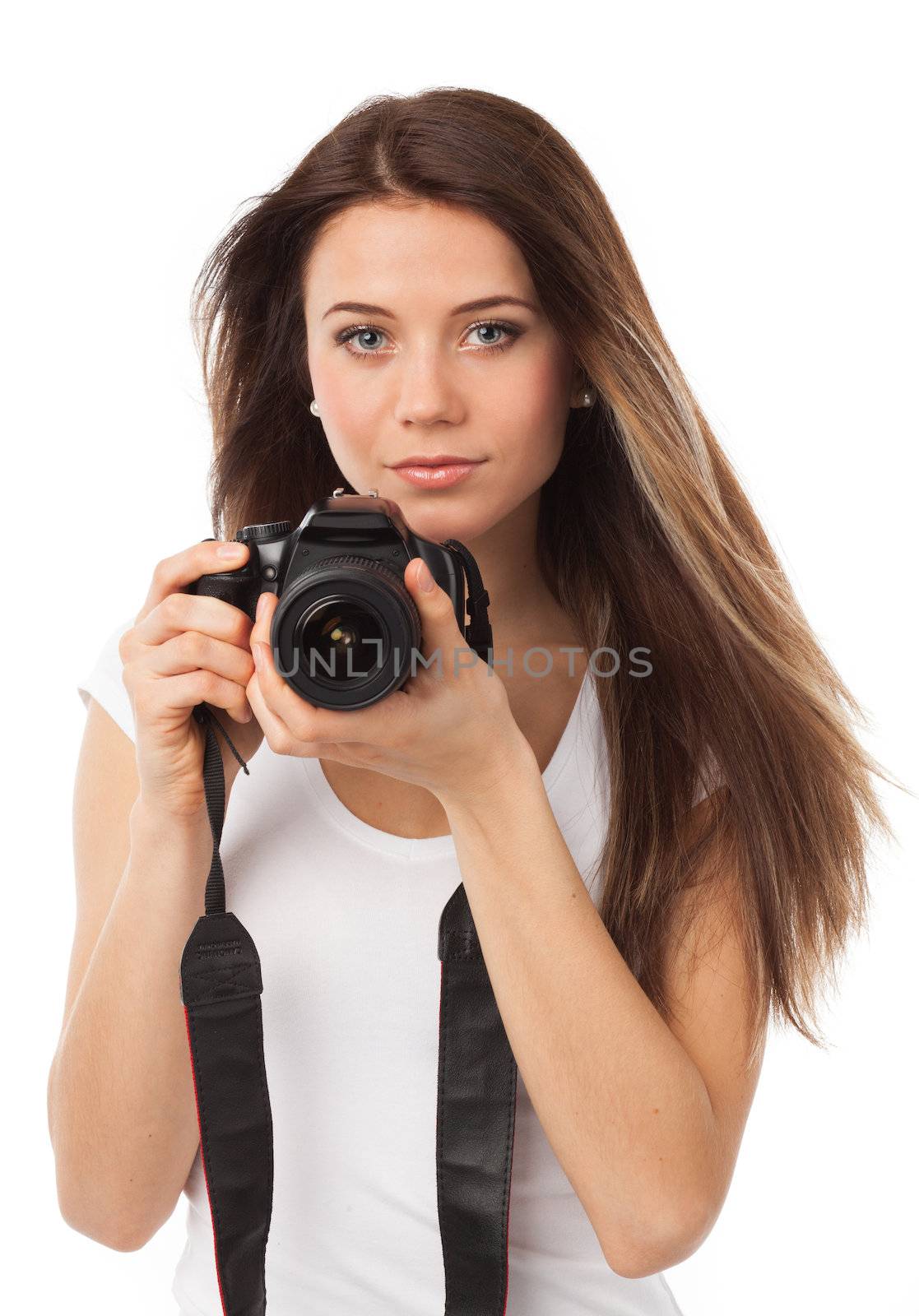 Portrait of a young woman with digital camera, isolated on white