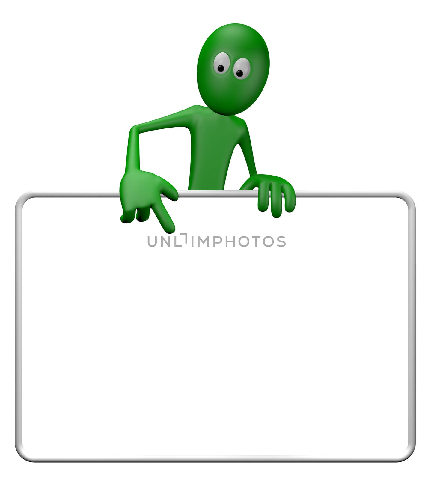 green guy and blank white sign - 3d illustration