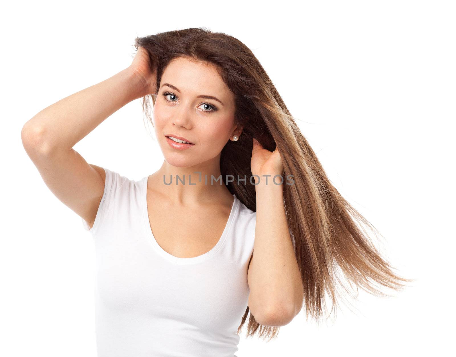 Portrait of a nice girl with long hair, isolated on white