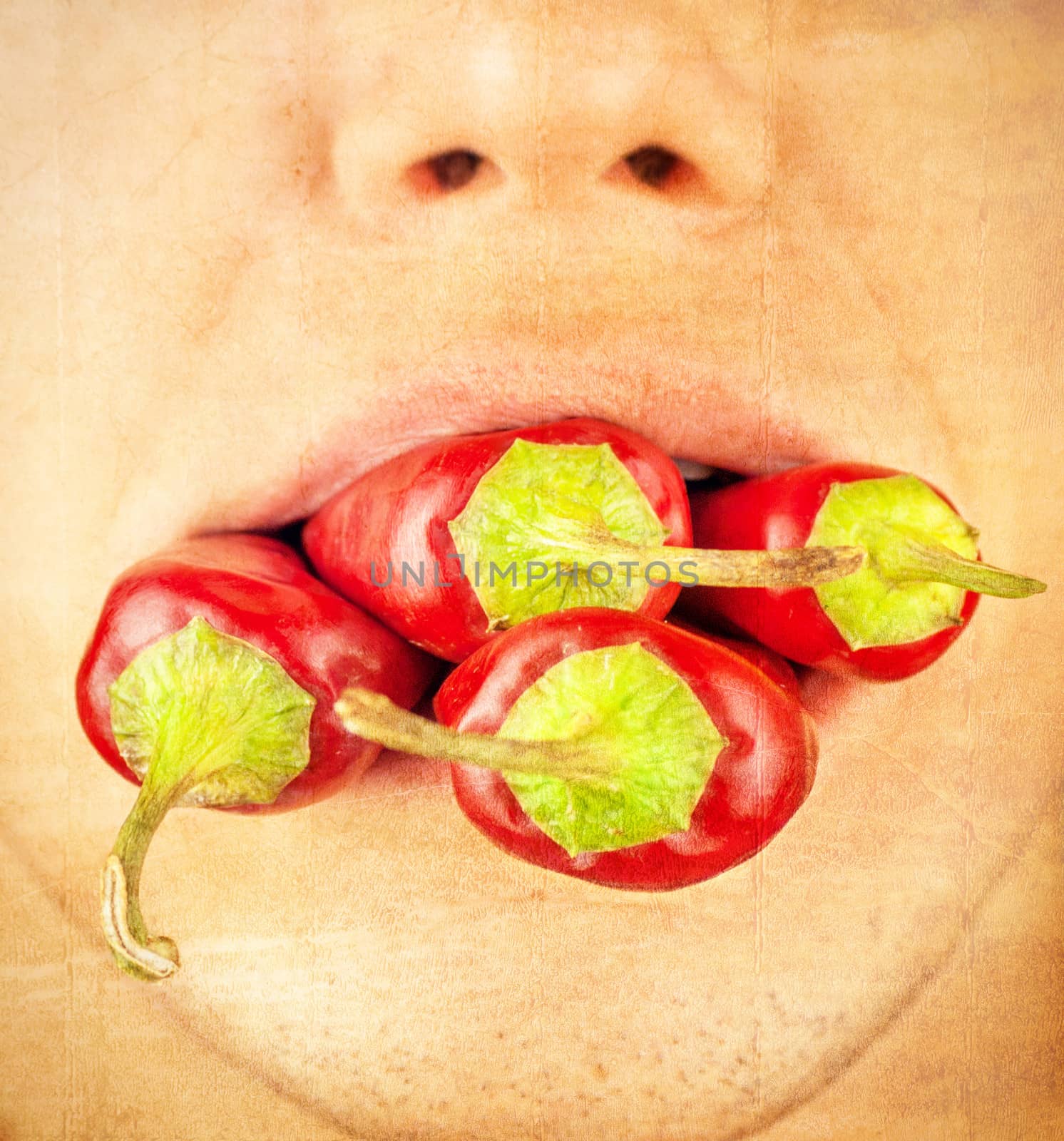 people with chile peppers in the mouth, paper texture by Zhukow