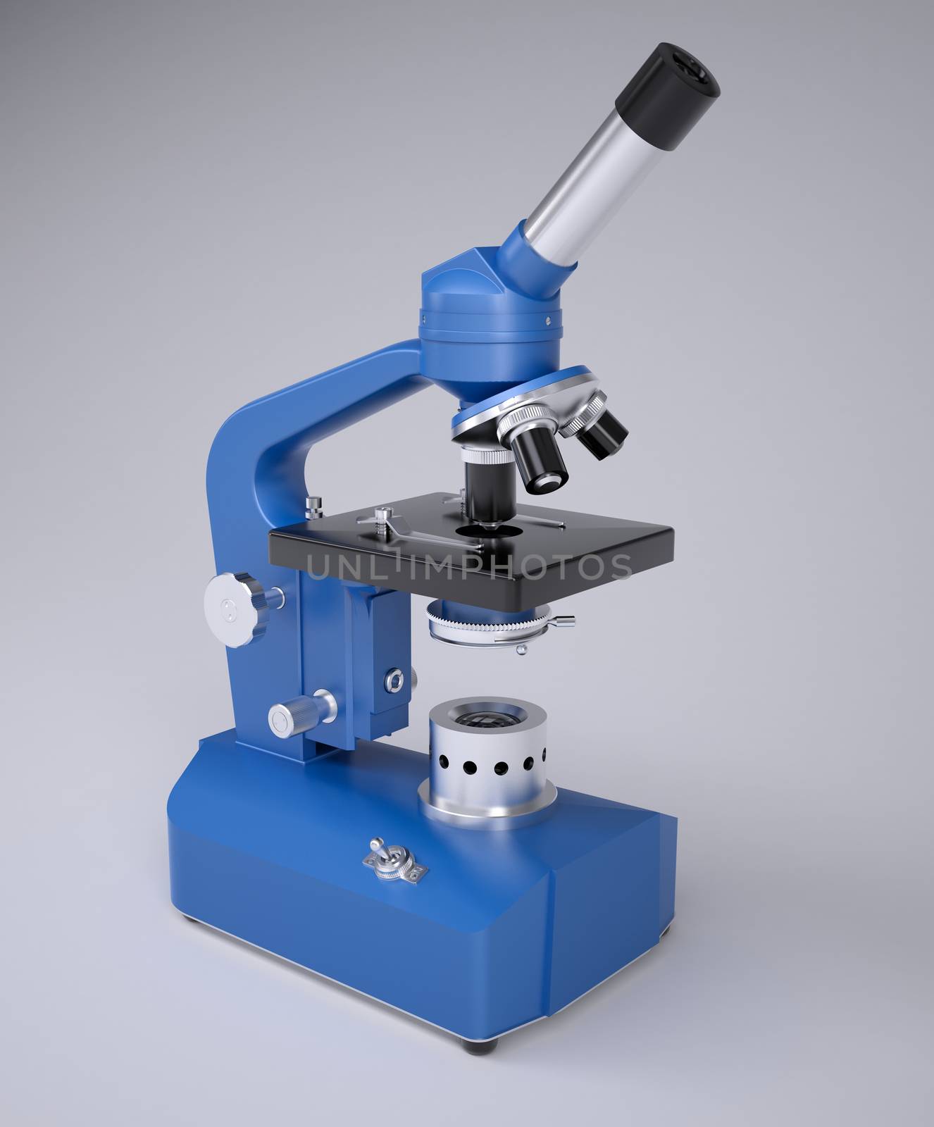 Blue microscope. Studio render on a gray background