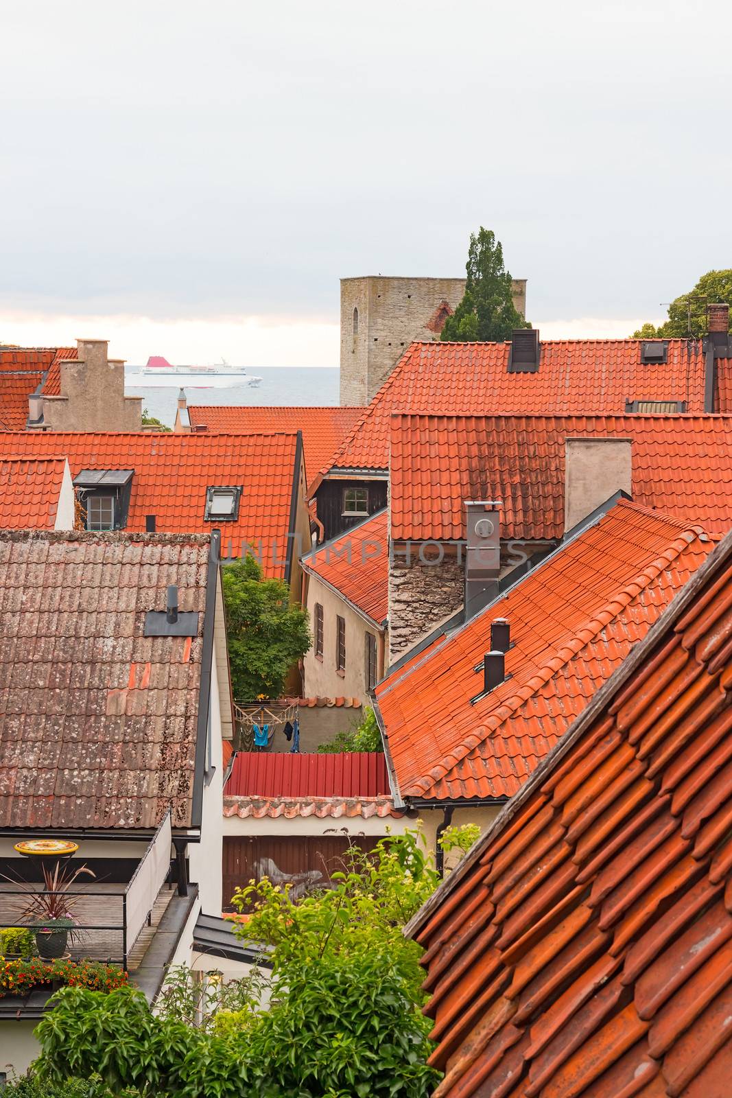 View over Swedish town Visby, with Baltic Sea behind the houses. Visby is the capital of Gotland.