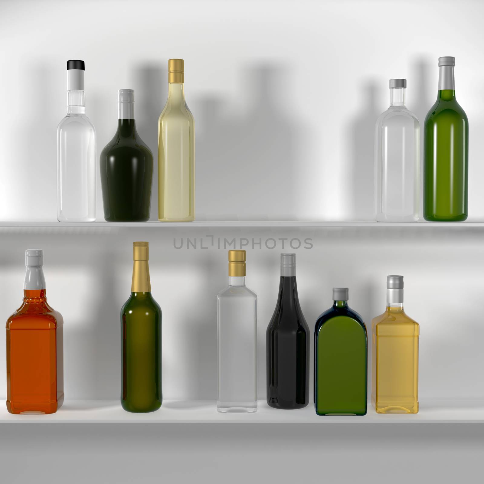The bar shelves with bottles. Isolated render on a white background