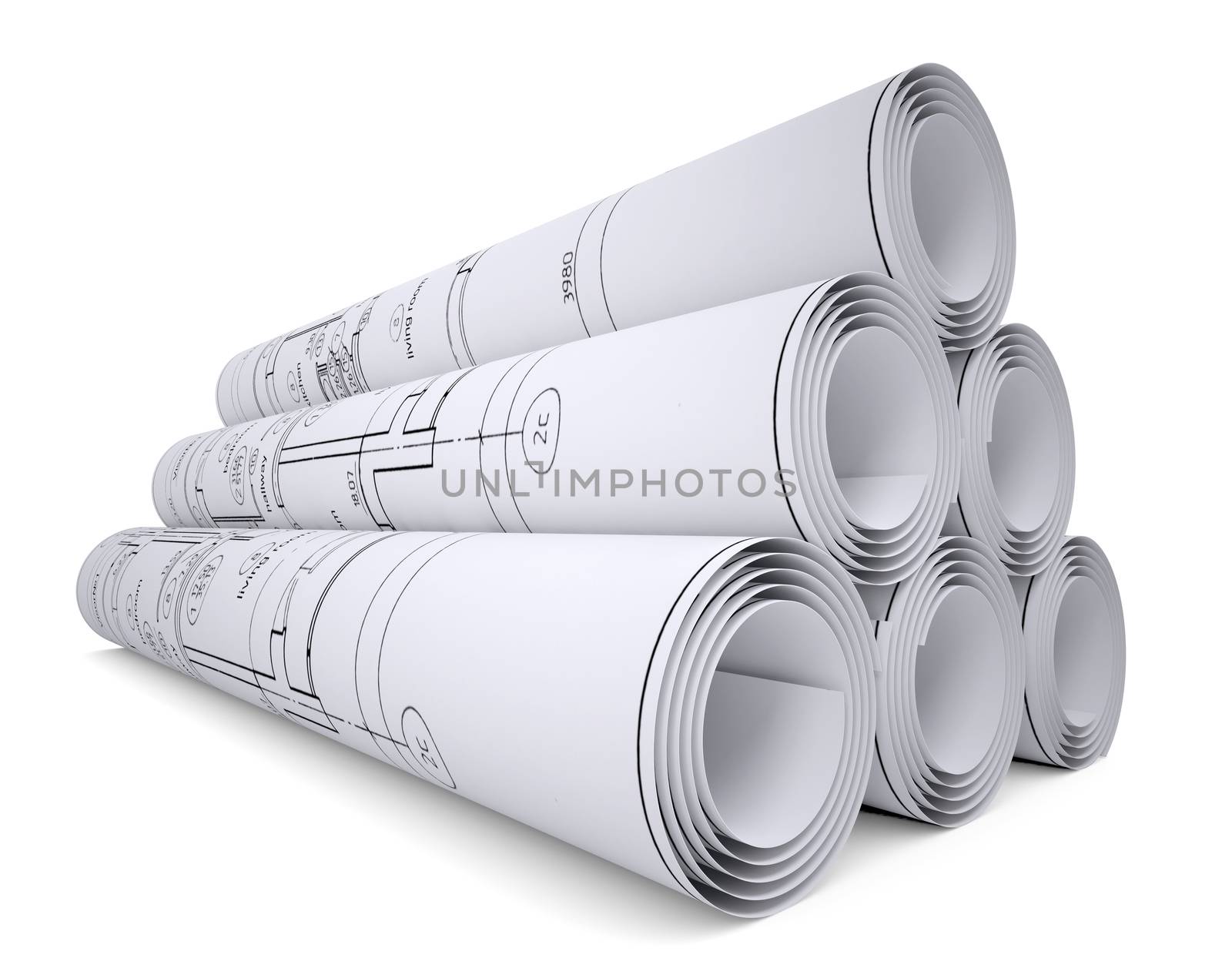 Scrolls of engineering drawings. Isolated render on a white background