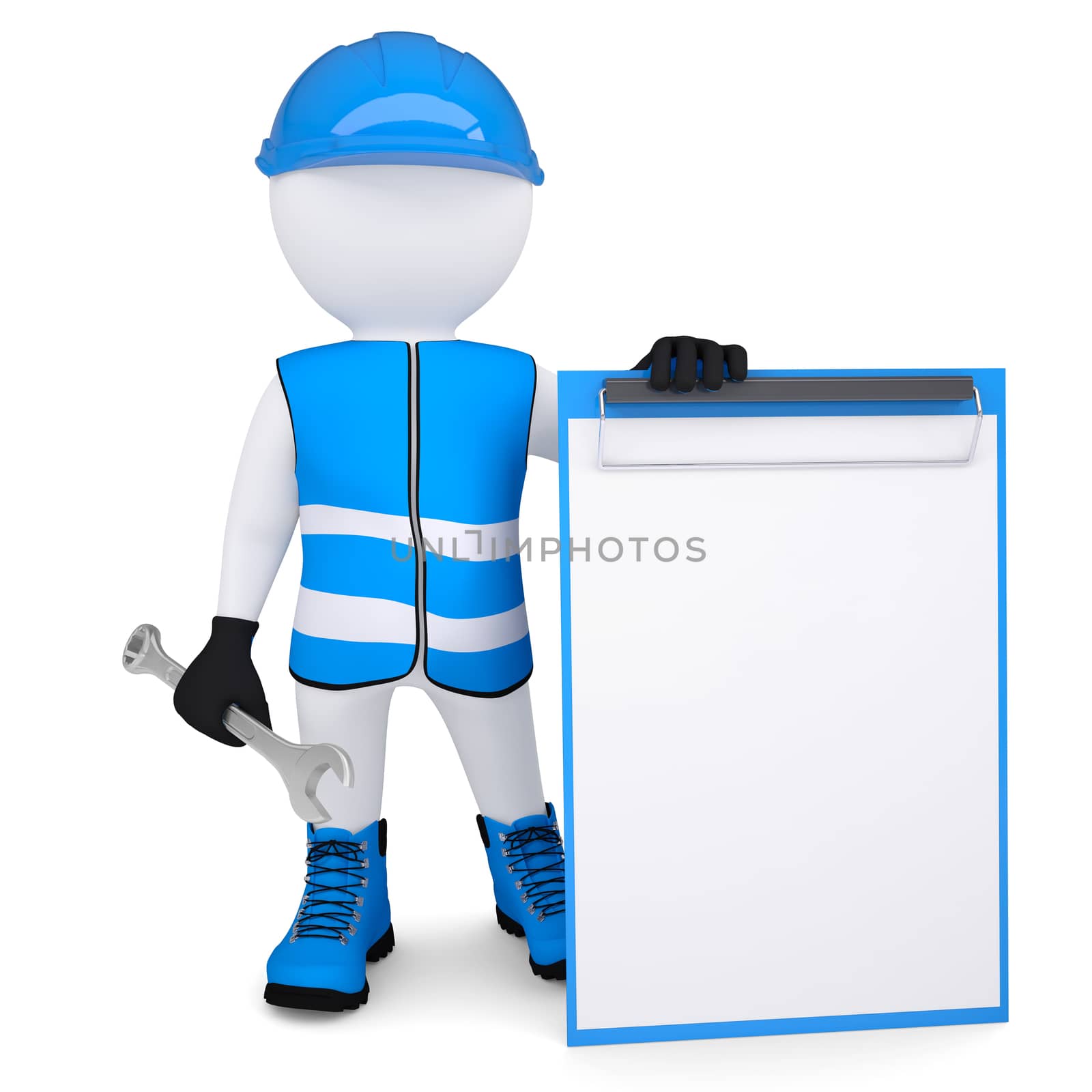 3d man in overalls with a wrench. Isolated render on a white background