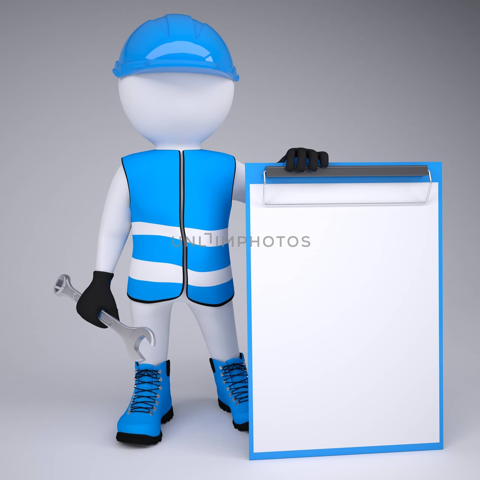 3d man in overalls with a wrench. Render on a gray background