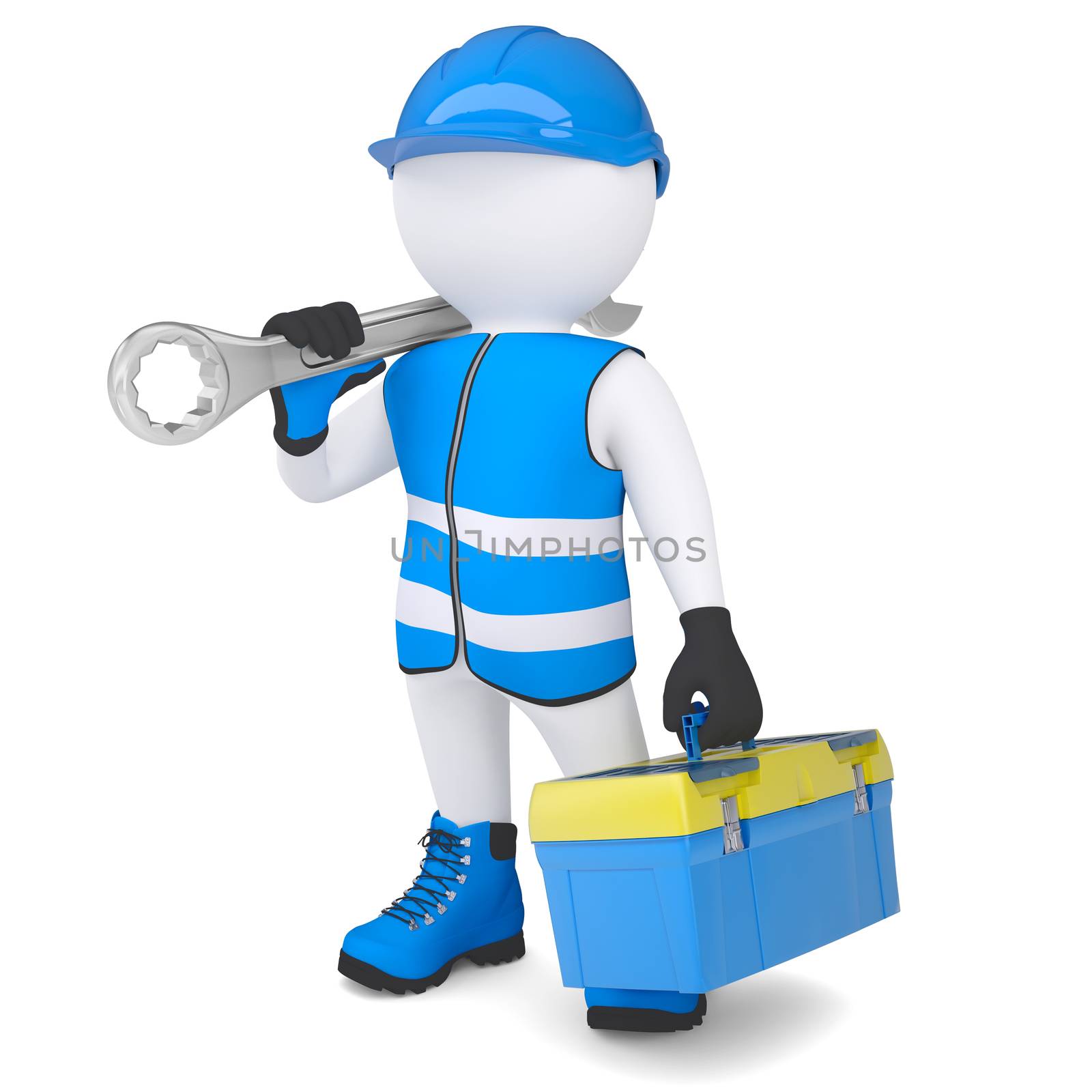 3d man in overalls with a wrench and tool box. Isolated render on a white background