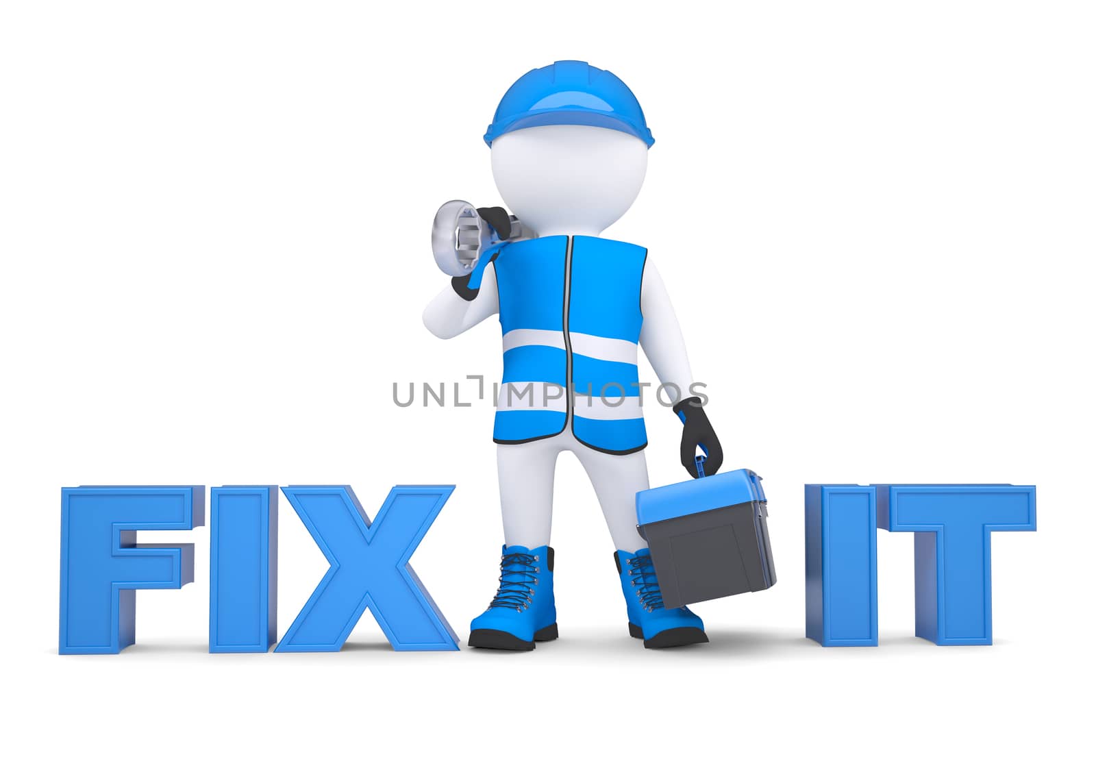 3d man in overalls with a wrench and tool box. Isolated render on a white background