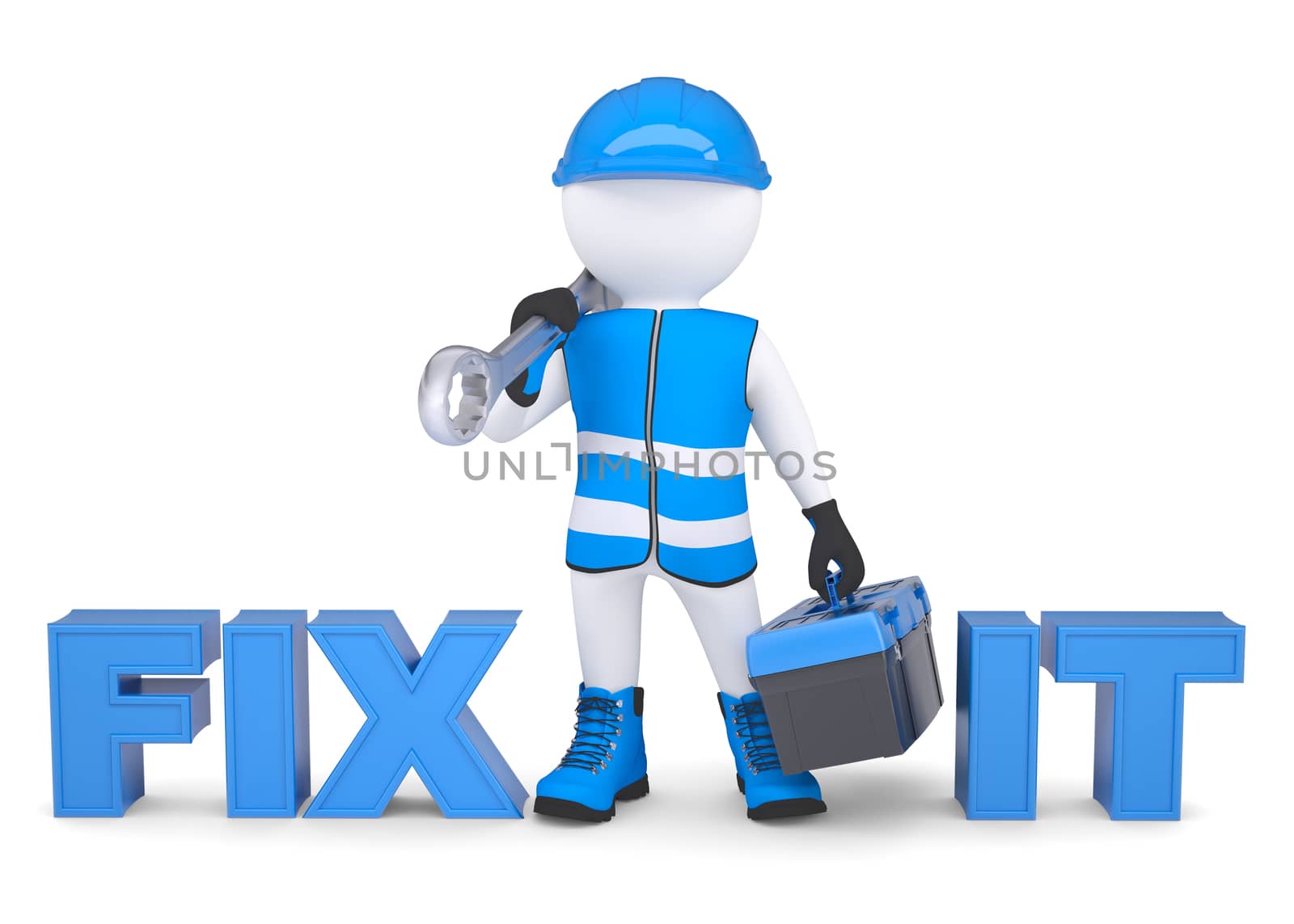 3d man in overalls with a wrench and tool box. Isolated render on a white background