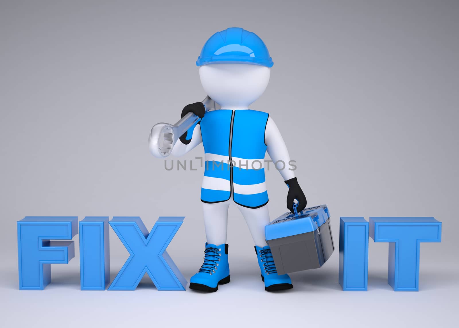 3d man in overalls with a wrench and tool box. Render on a gray background