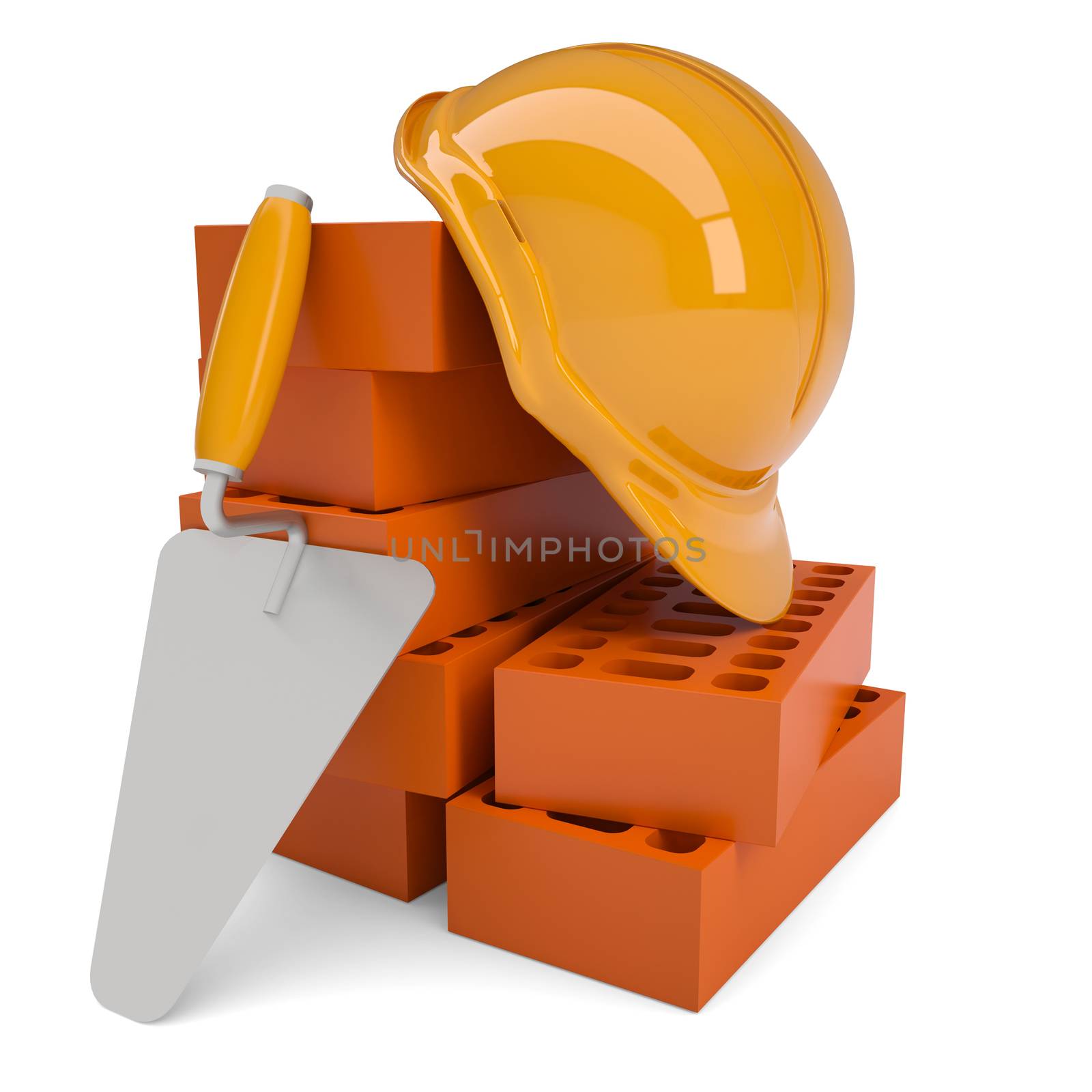 Bricks, trowel and a helmet. Isolated render on a white background